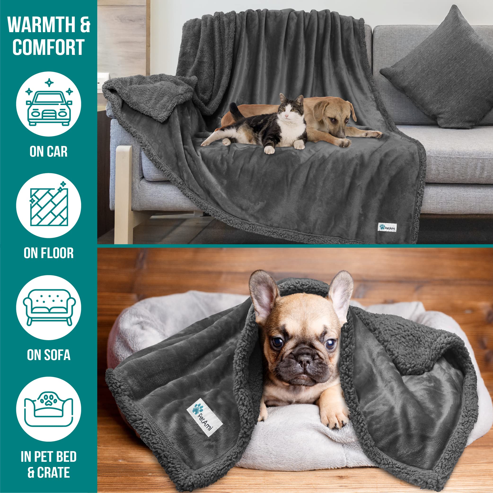 Petami Dog Blanket, Sherpa Dog Blanket | Plush, Reversible, Warm Pet Blanket For Dog Bed, Couch, Sofa, Car (Grey/Grey Sherpa, 60X40 Inches)