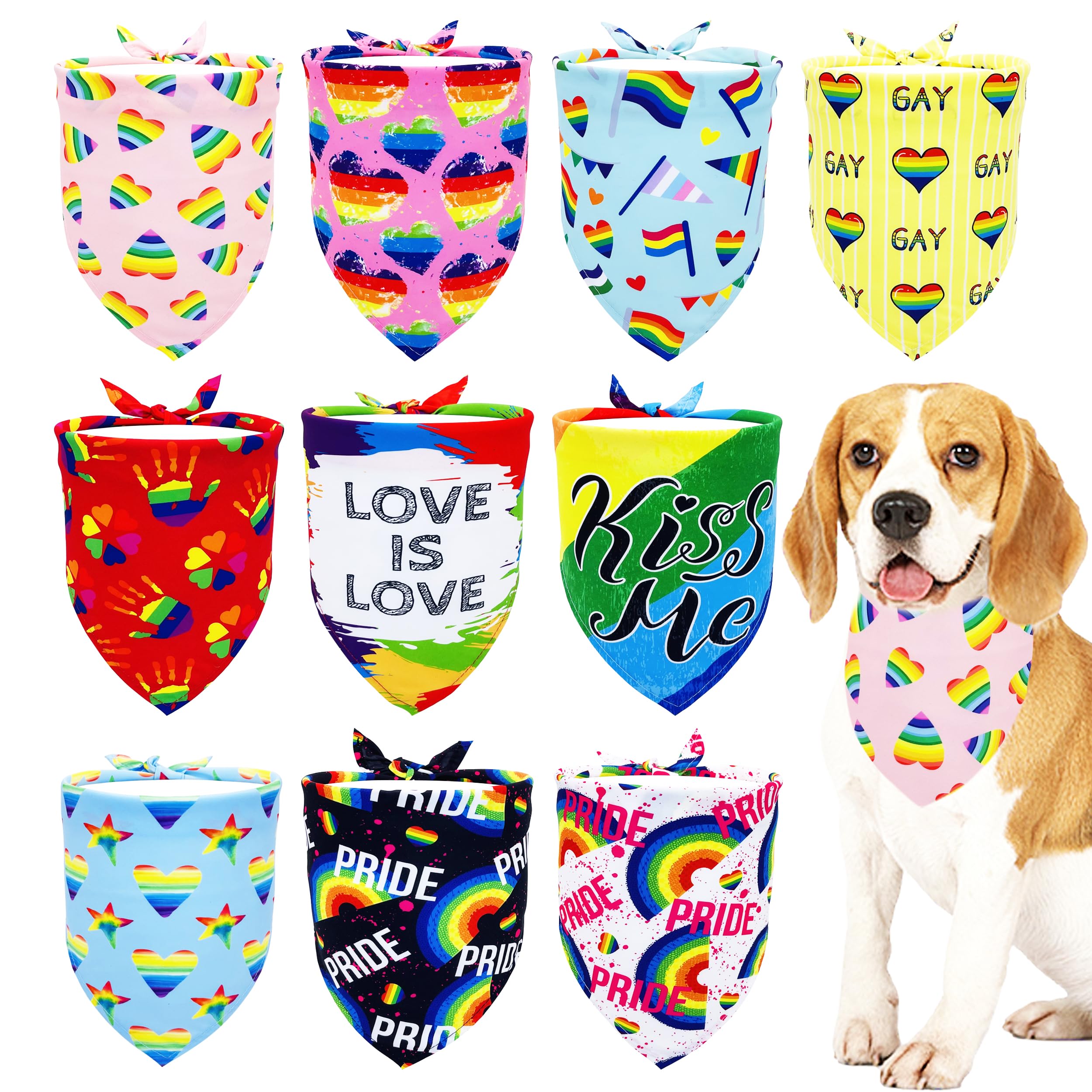 JpGdn 10PCS Pride Day Dog Bandanas with Rainbow Color for Medium Dog Triangle Bibs Scarves Boys and Girls Gay Pride with Love is