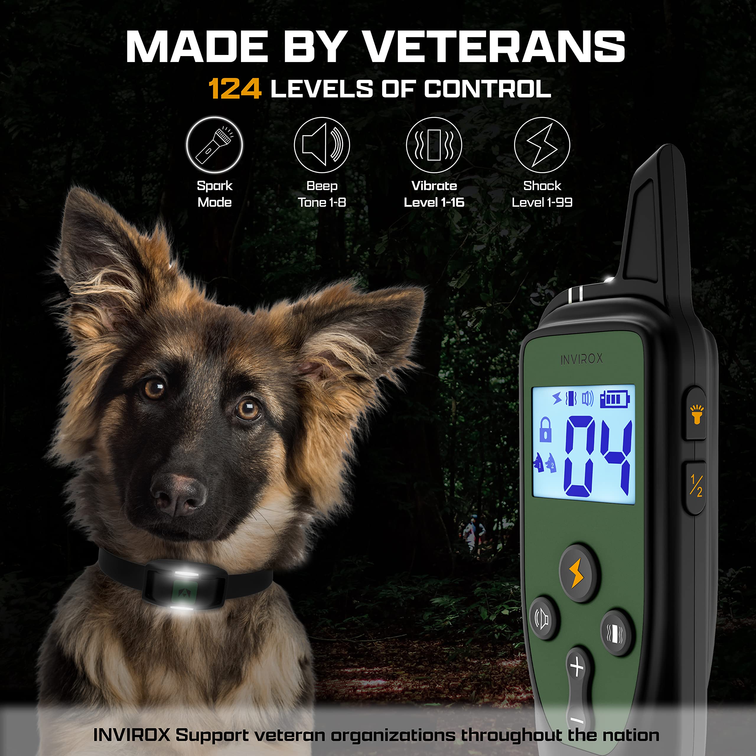 Invirox Shock Collar For Large Dog [Spark K9] 124 Levels Dog Training Collar With Remote 1100Yd Range, Night-Light Mode Dog Shoc