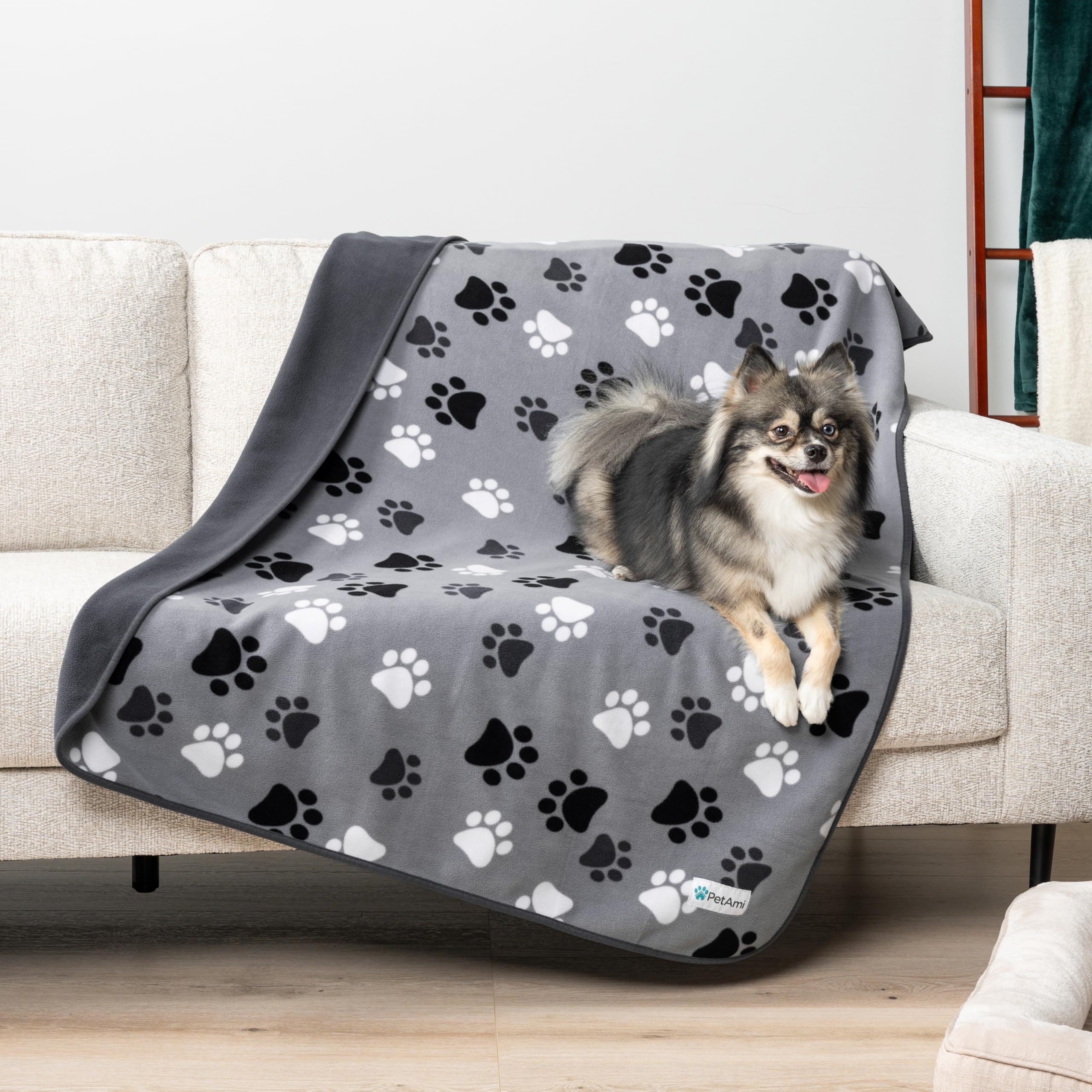 Petami Waterproof Dog Blanket For Medium Large Pets Dogs Cats, Pet Couch Cover Protector For Furniture, Reversible Washable Soft Fleece Cat Blanket For Bed Couch Sofa, 40X60 (Paw Print Gray)