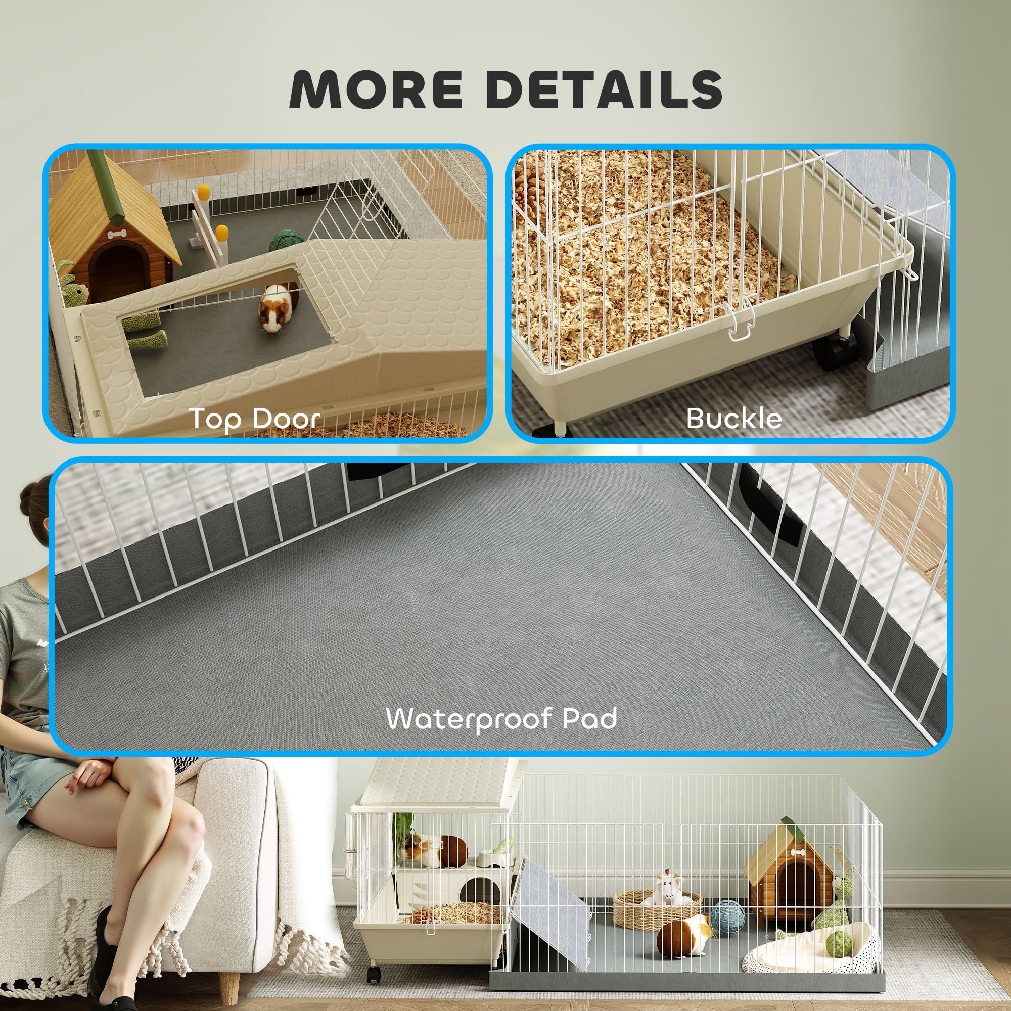 PawHut Small Animal Cage, Guinea Pig Cage with Removable Pet Playpen, Waterproof Pad, Food Dish, Water Bottle, Hay Feeder, Soft-