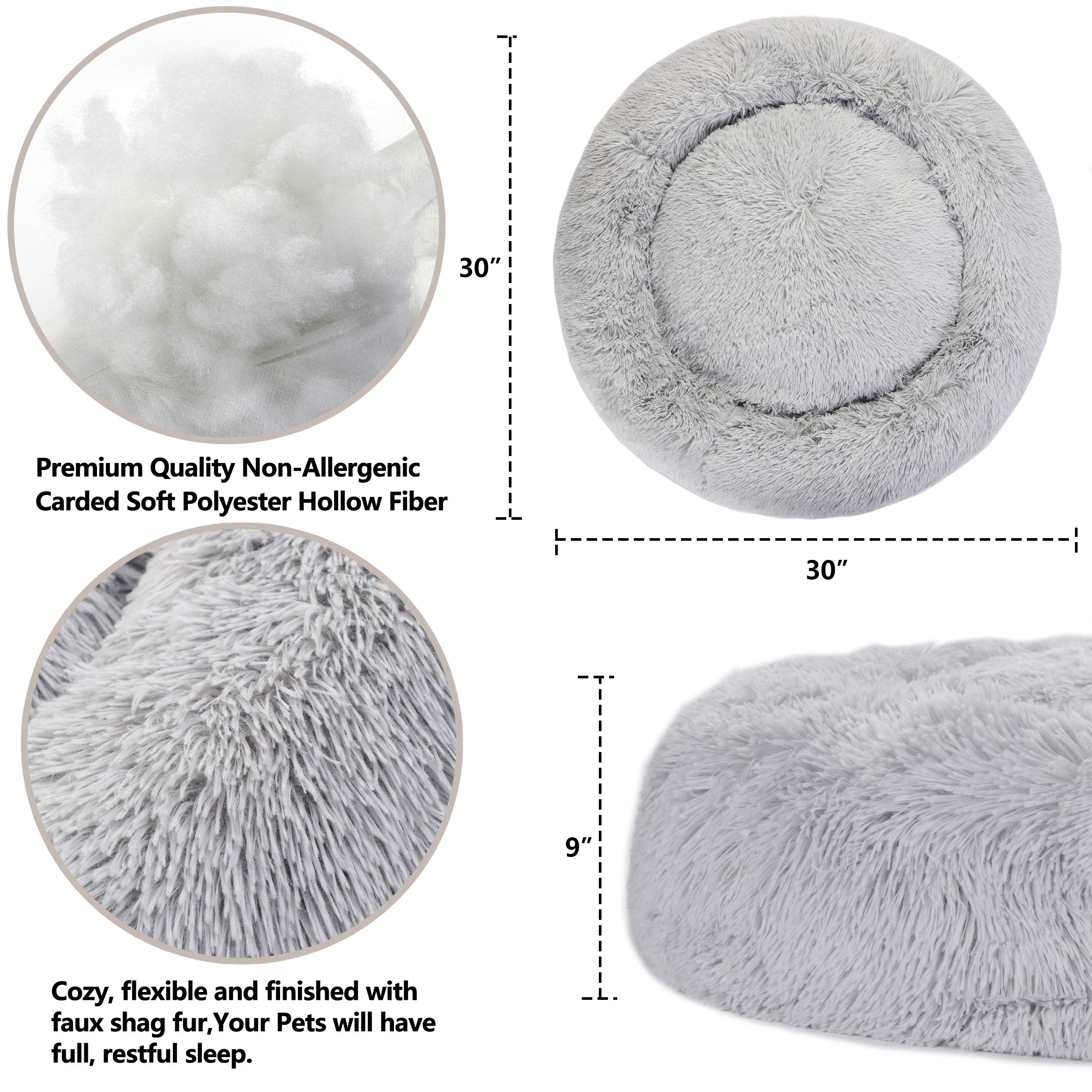 Donut Dog Bed Calming Ultra Soft Shag Faux Fur Dog Bed Comfortable Donut Cuddler For Dogs And Cats,Self Warming And Washable (30 Inches, Grey)