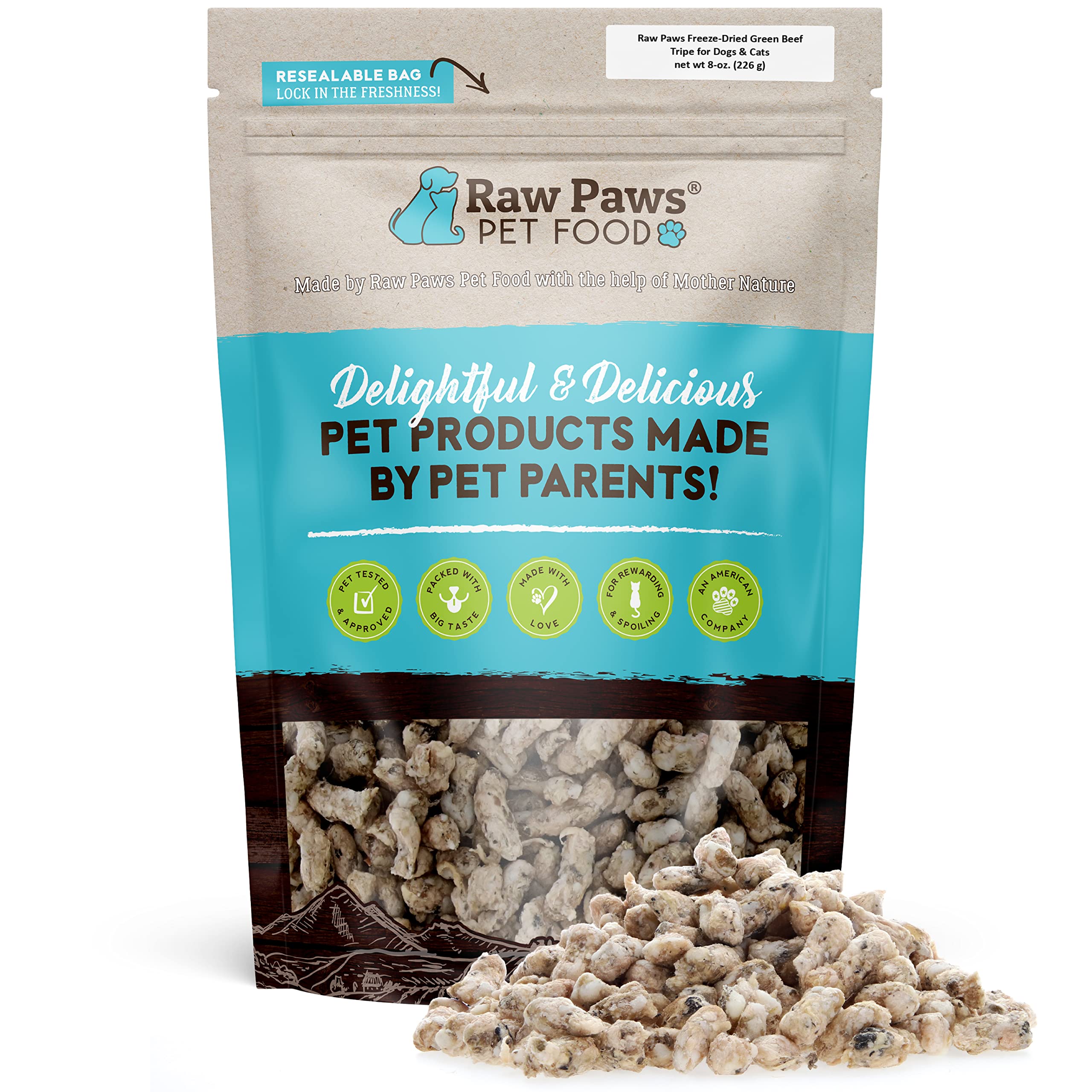 Raw Paws Freeze-Dried Green Beef Tripe for Dogs & Cats, 8-oz - Made in USA - Raw Freeze Dried Dog Treats - Free-Range Cows - Gra