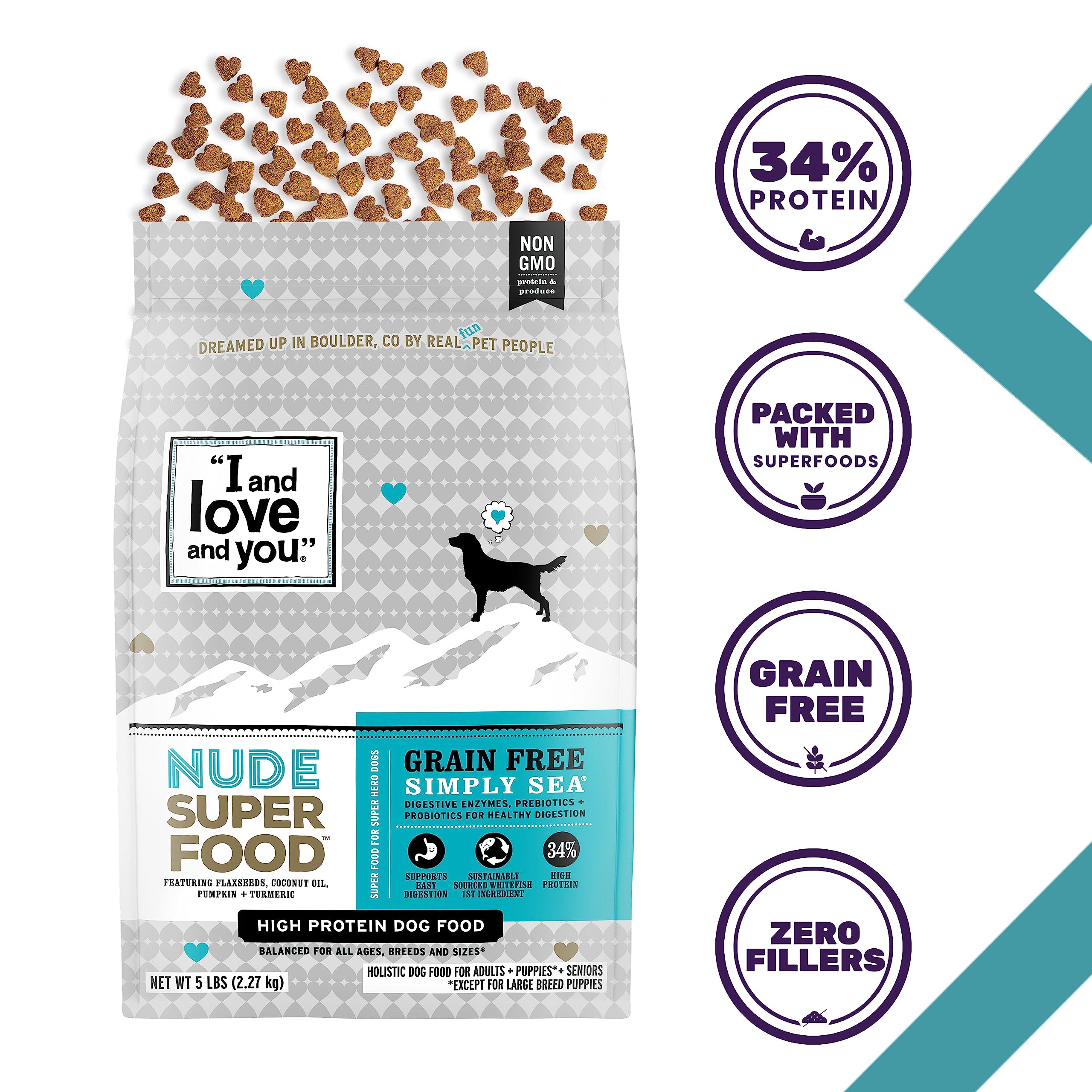 I AND LOVE AND YOU Nude Super Food Dry Dog Food, Salmon & Whitefish, Grain Free, 5lb Bag, Prebiotic & Probiotic