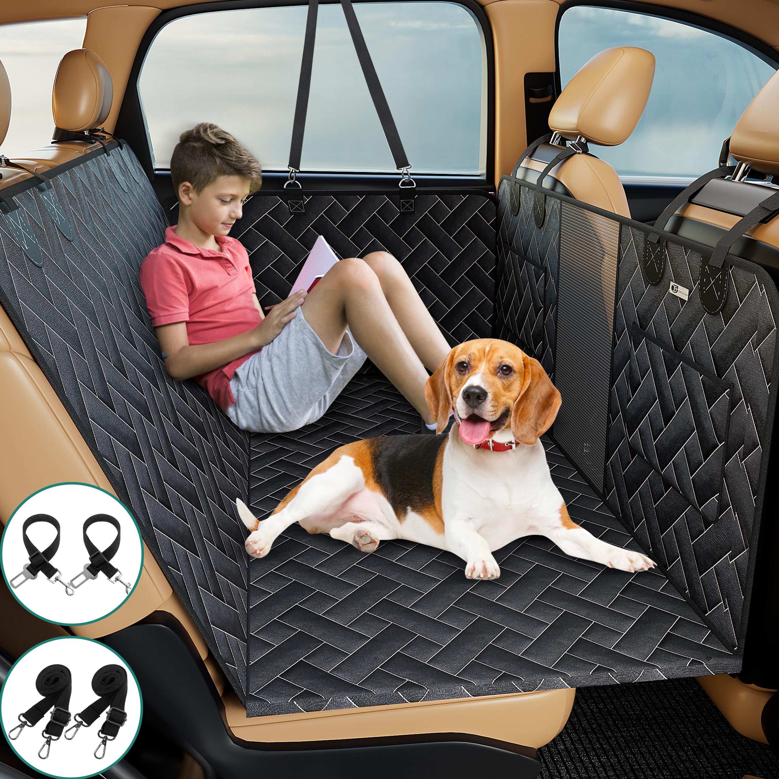 Tjsouler Hard Bottom Dog Car Seat Cover For Back Seat,Dog Car Travel Bed With Nonslip Waterproof Mesh Window,Sturdy Stable Folda