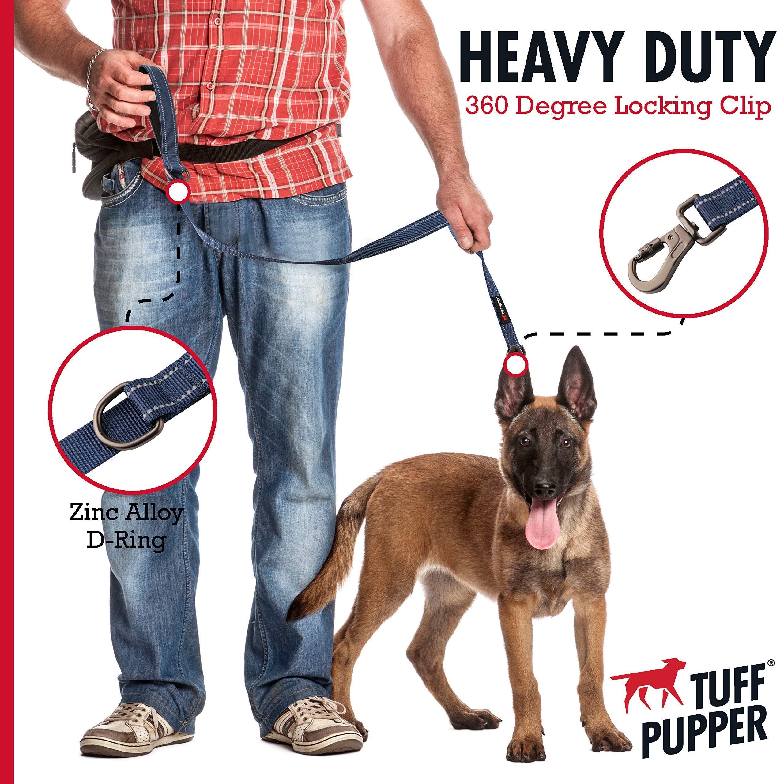 Tuff Pupper Heavy Duty Double Handle Dog Leash | Twist Locking Carabiner Dog Clip | Safety Lock Leash To Hold Strong Dogs | Reflective For Safe Night Walks | 6 Foot Dog Leash | For Medium & Large Dogs