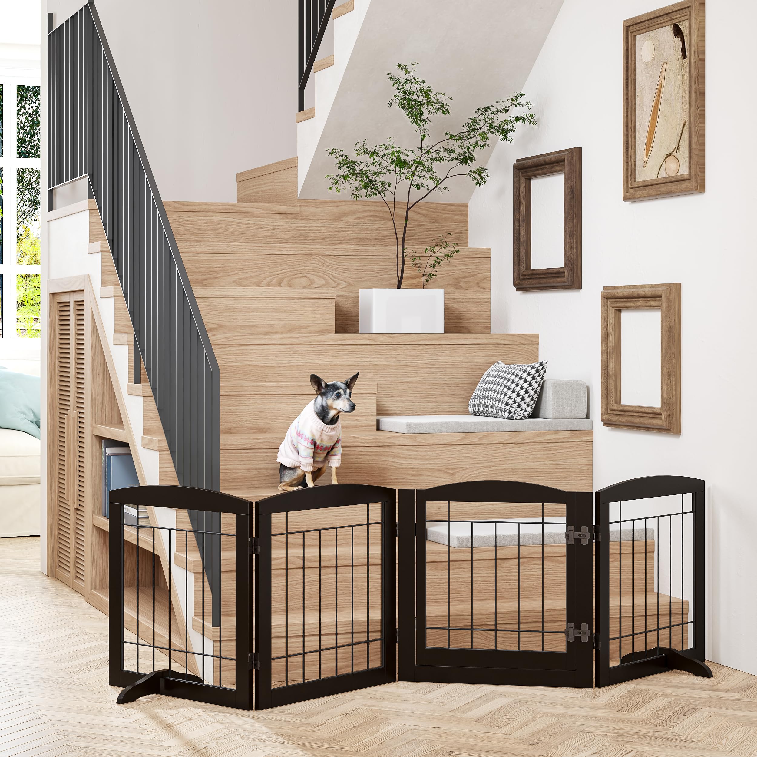 Pawland Free Standing Pet Gate With Door Walk Through, Dog Gate For The House, Doorway, Stairs, 80 Inch Wide Puppy Safety Fence, Support Feet Included, 4 Panels, 24 Inches Tall (Espresso)