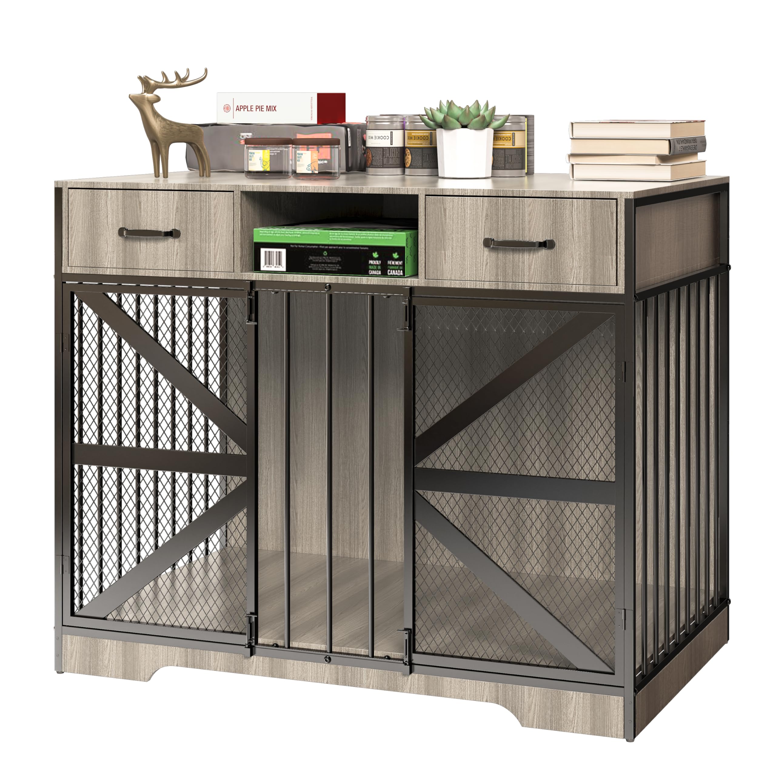 Fatmok Dog Crate Furniture, 44  Large Dog Kennel Furniture Indoor, Metal XL Dog Cage for Large/Medium Dogs, Wooden Heavy Duty De