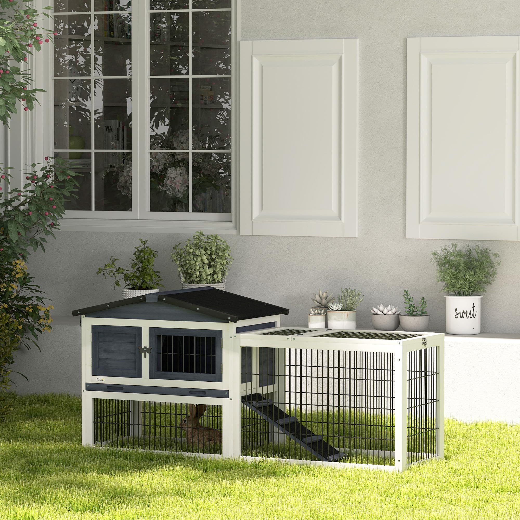 Pawhut 2 Levels Outdoor Rabbit Hutch With Openable Top, 59' Wooden Large Rabbit Cage With Run Weatherproof Roof, Removable Tray, Ramp, Dark Gray
