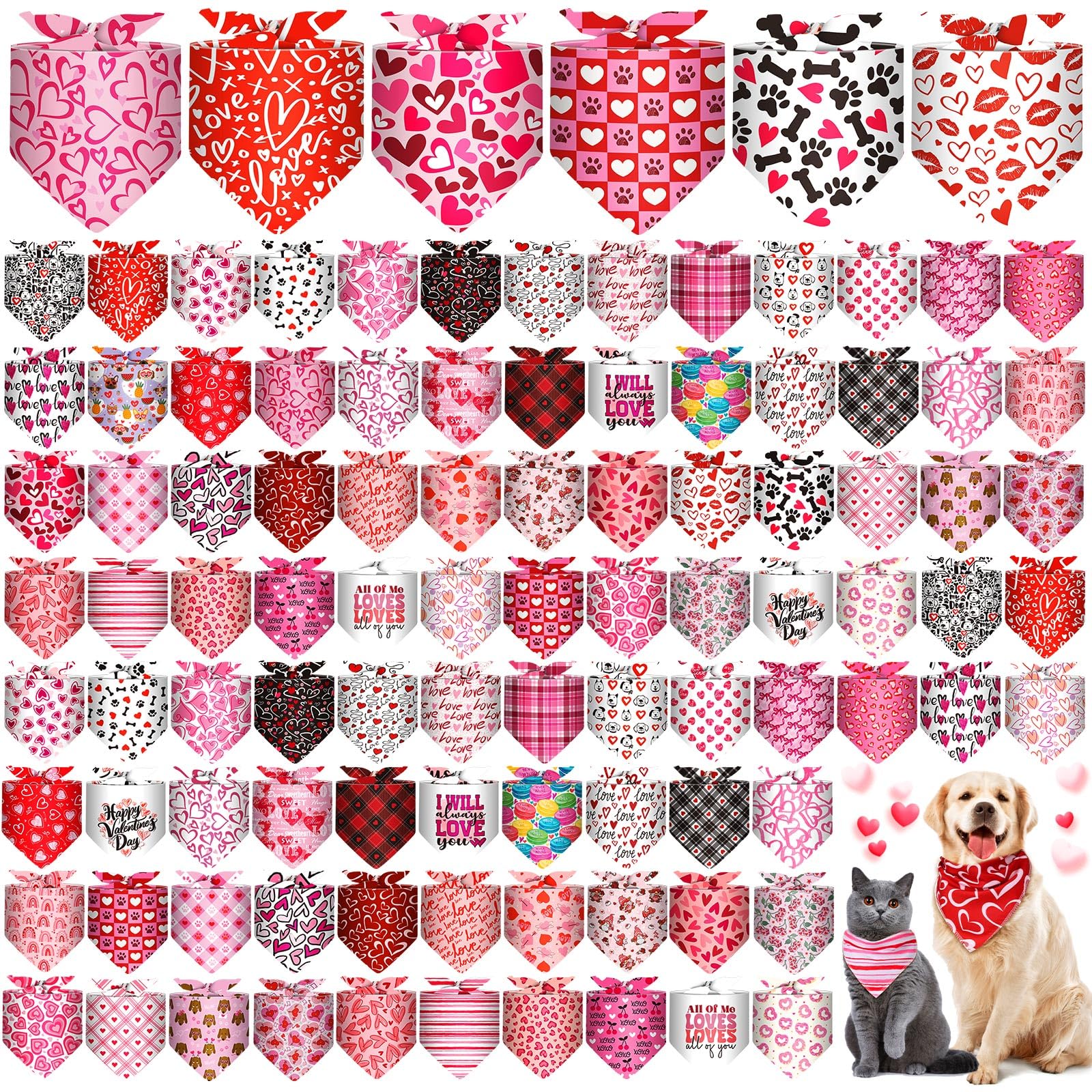 Paterr 100 Pieces Dog Bandanas Bulk Valentines Pet Handkerchief Soft Triangle Bibs Cute Kerchief Adjustable Washable Pet Scarf C