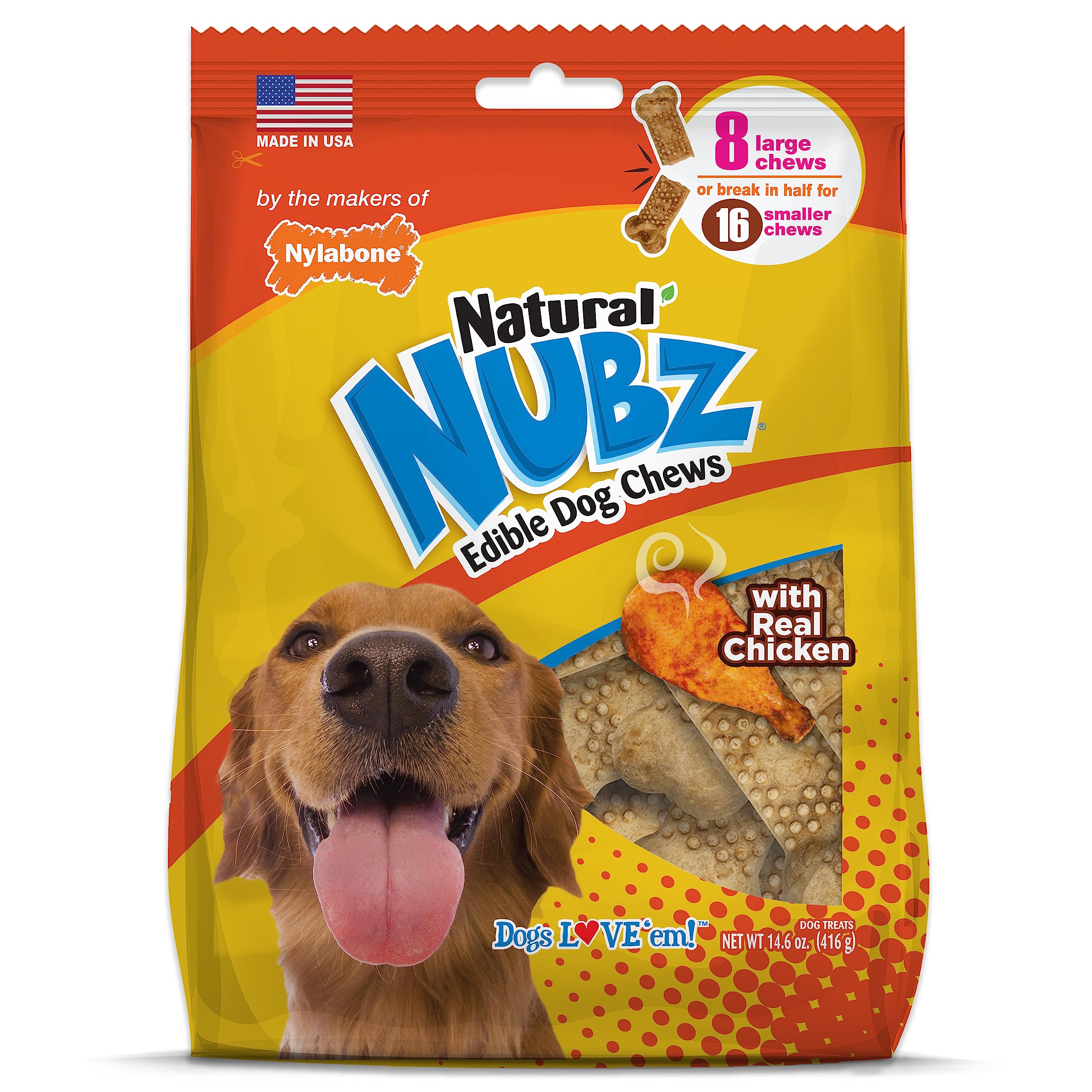 Nylabone Nubz Natural Edible Chew Treats for Dogs, Long Lasting Chews Made in USA, Chicken Flavor, Large - Up to 50 lbs. (8 Coun