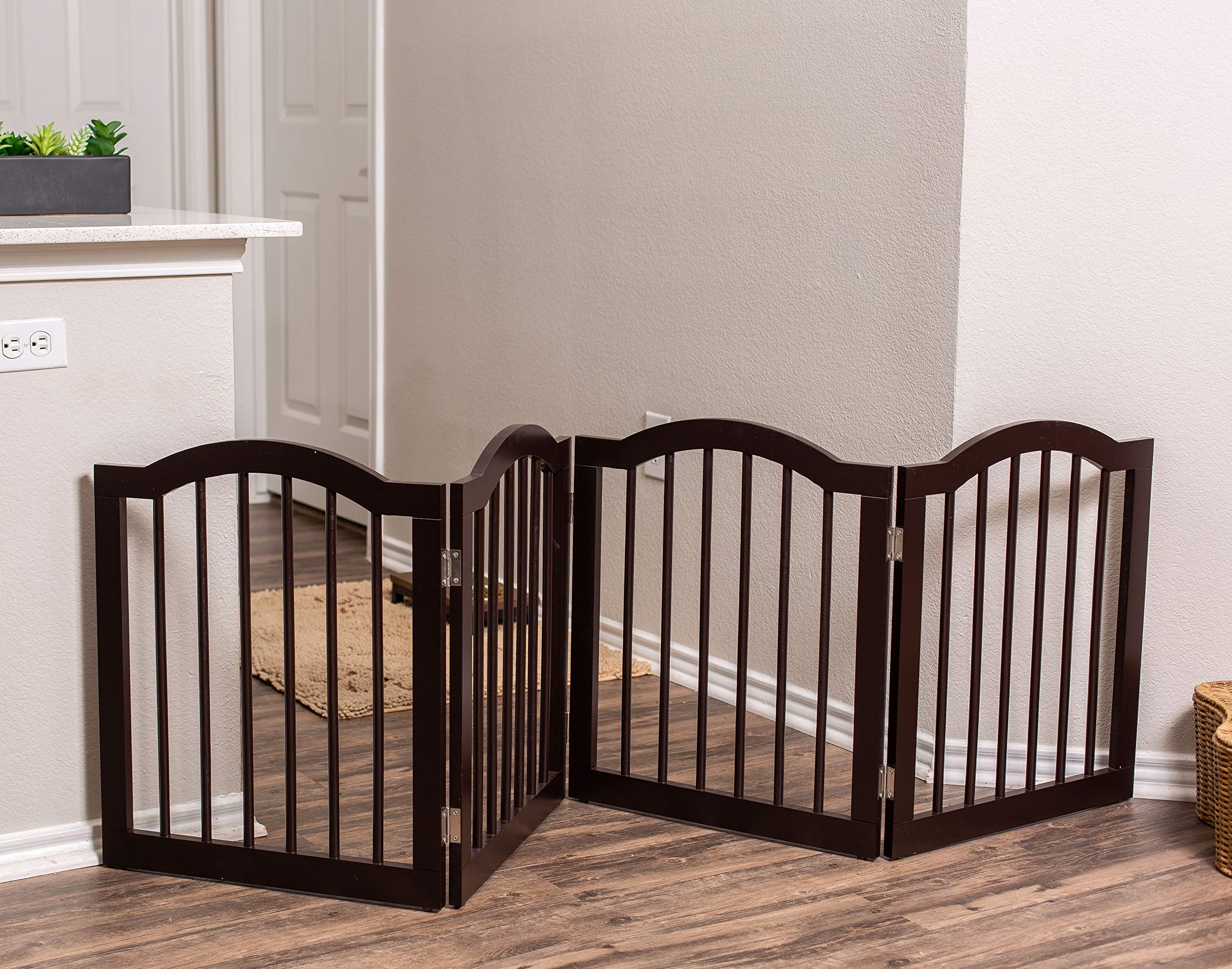 Internet'S Best Arched Top Dog Gate | 4 Panel, 24' H Wooden Pet Barrier For Dogs Or Cats | Freestanding Folding Room Divider For Doorways, Hallways, Stairs, And Porch | Portable, Extra Wide | Espresso