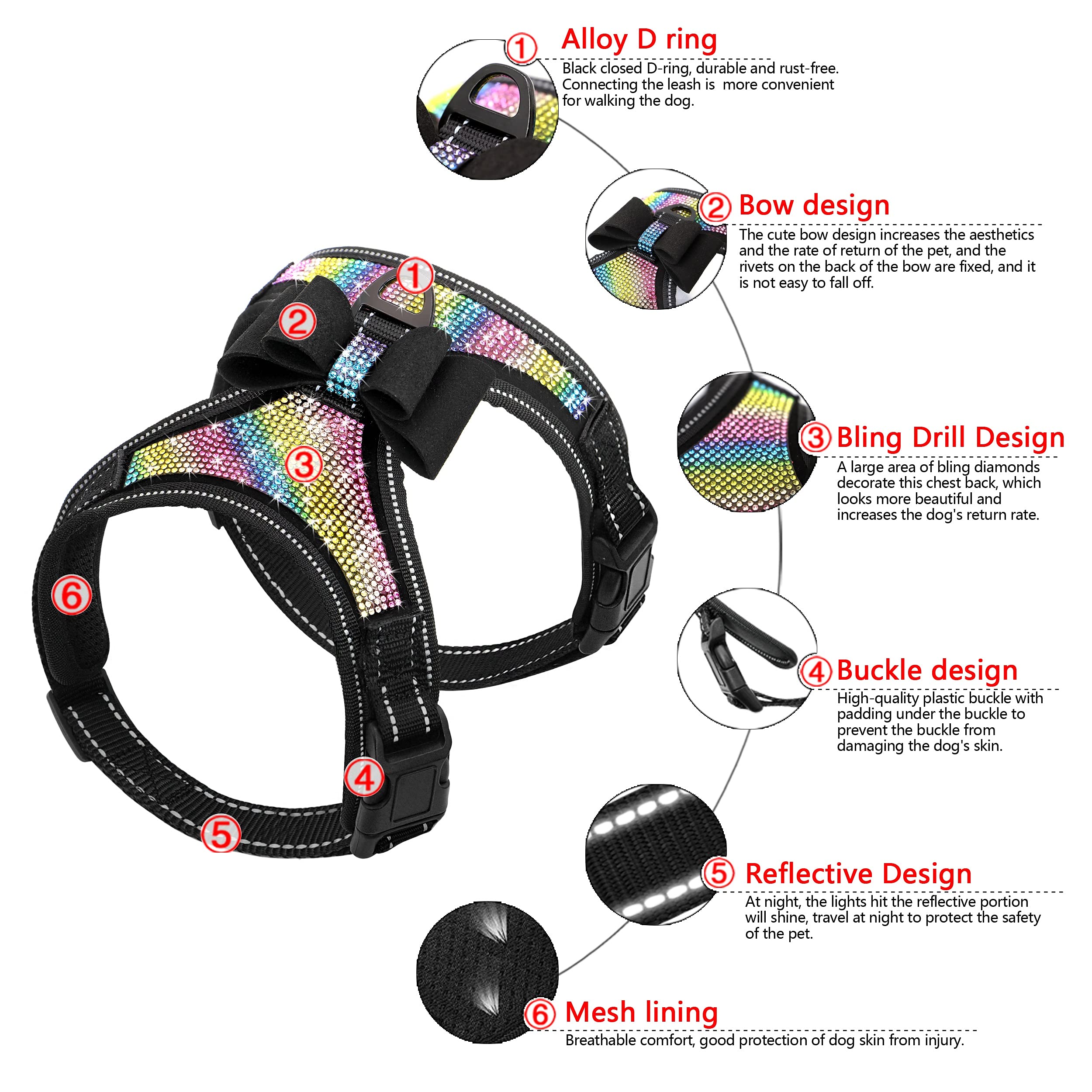 Beirui Rhinestone Dog Harness - Reflective Bling Nylon Dog Vest With Sparkly Bow Tie For Small Medium Large Dogs Walking,Wedding And Party,Black Colored Rhinestones,L