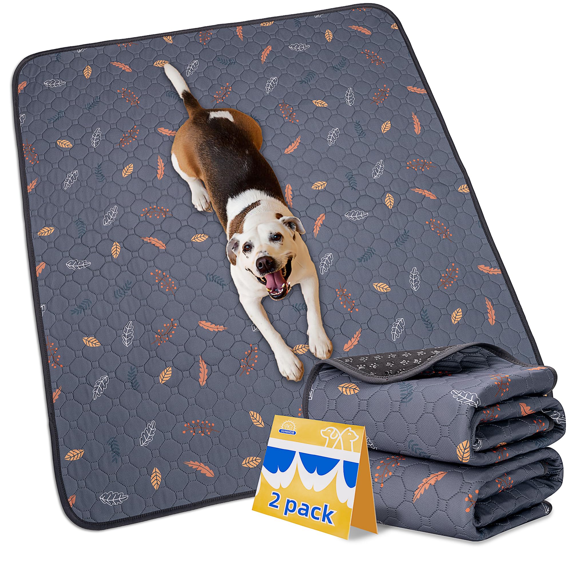 Sunheir Washable Pee Pads For Dogs Large 48' X 48' 2-Pack Reusable Puppy Pads Pet Training Pads, Absorb Dog Mats, Whelping Pad, Non-Slip Protects Against Urine Leakage (Leaves - Deep Grey, 48X48)