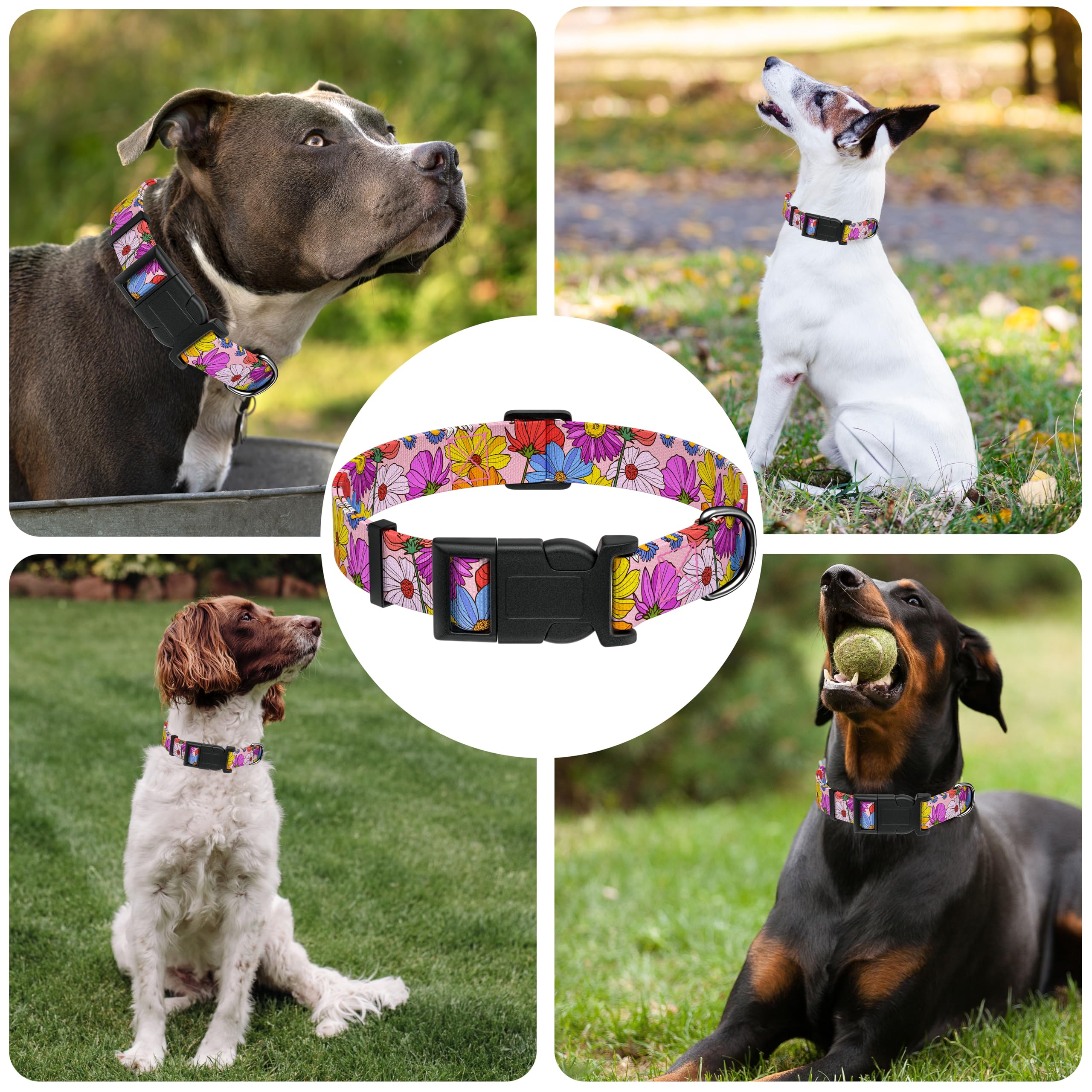 Seyezo Dog Collar, Pink Floral Boys Girls Puppy Collar For Small Medium Large Dogs, Adjustable Soft Floral Pet Collar With Safet