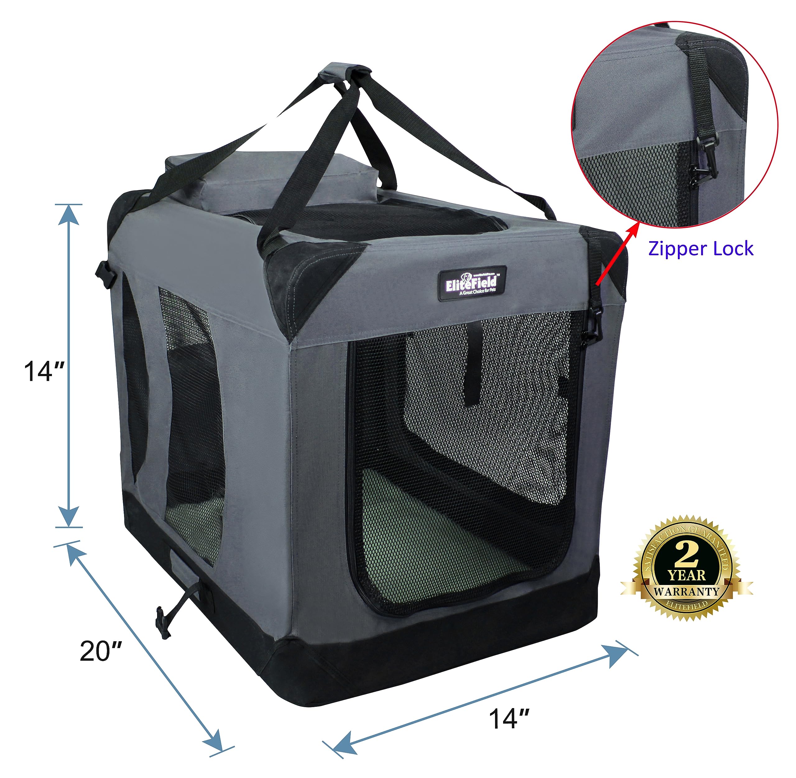 Elitefield 3-Door Folding Soft Dog Crate With Carrying Bag And Fleece Bed (2 Year Warranty), Indoor & Outdoor Pet Home (20' L X 14' W X 14' H, Gray)