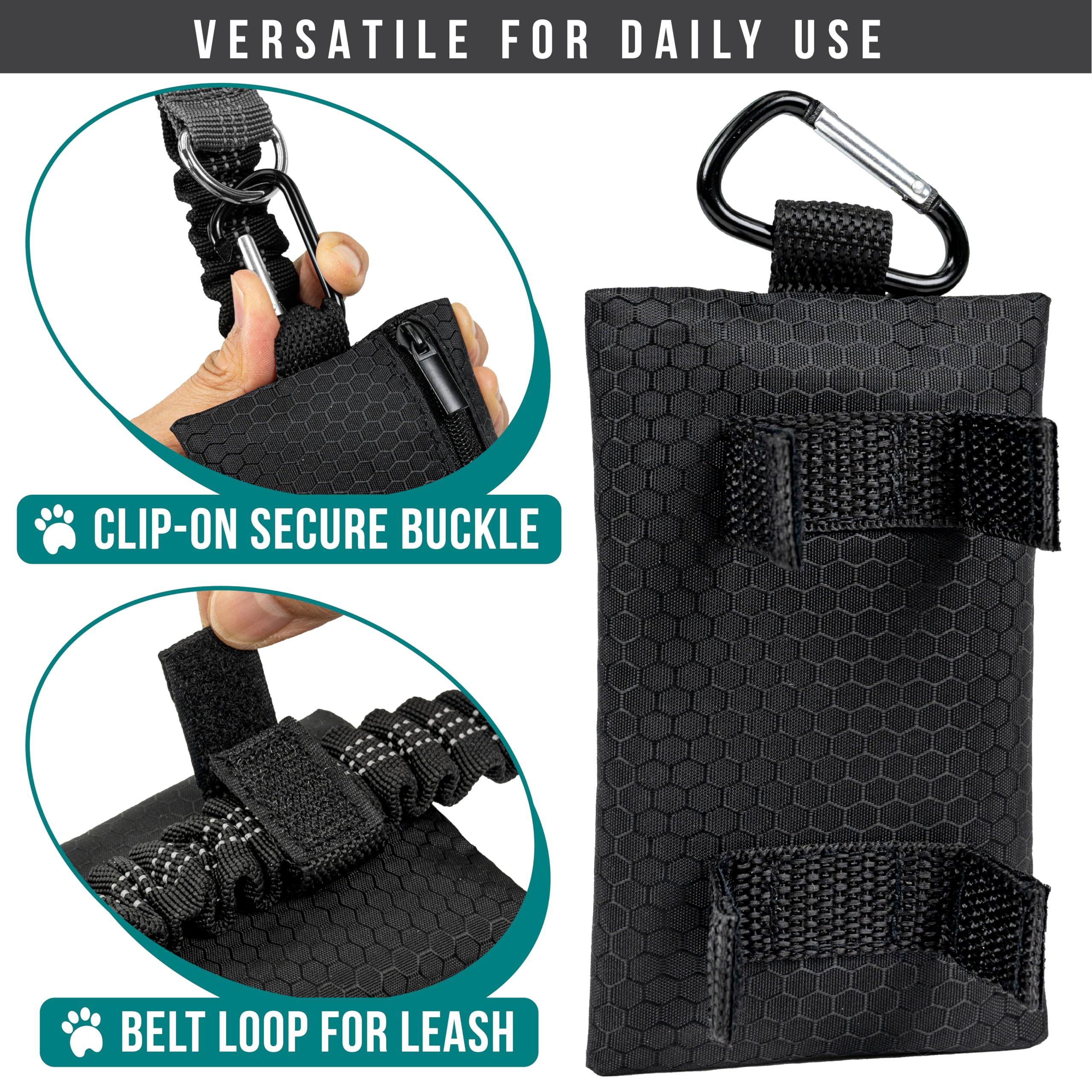 Petami Dog Poop Bag Holder For Leash, Dog Poop Bag Dispenser With Clip, Dog Waste Bag Holder For Pet, Dog Treat Pouch, Doggy Walking Camping Accessories With Trash Bag Roll, Black 1 Pack