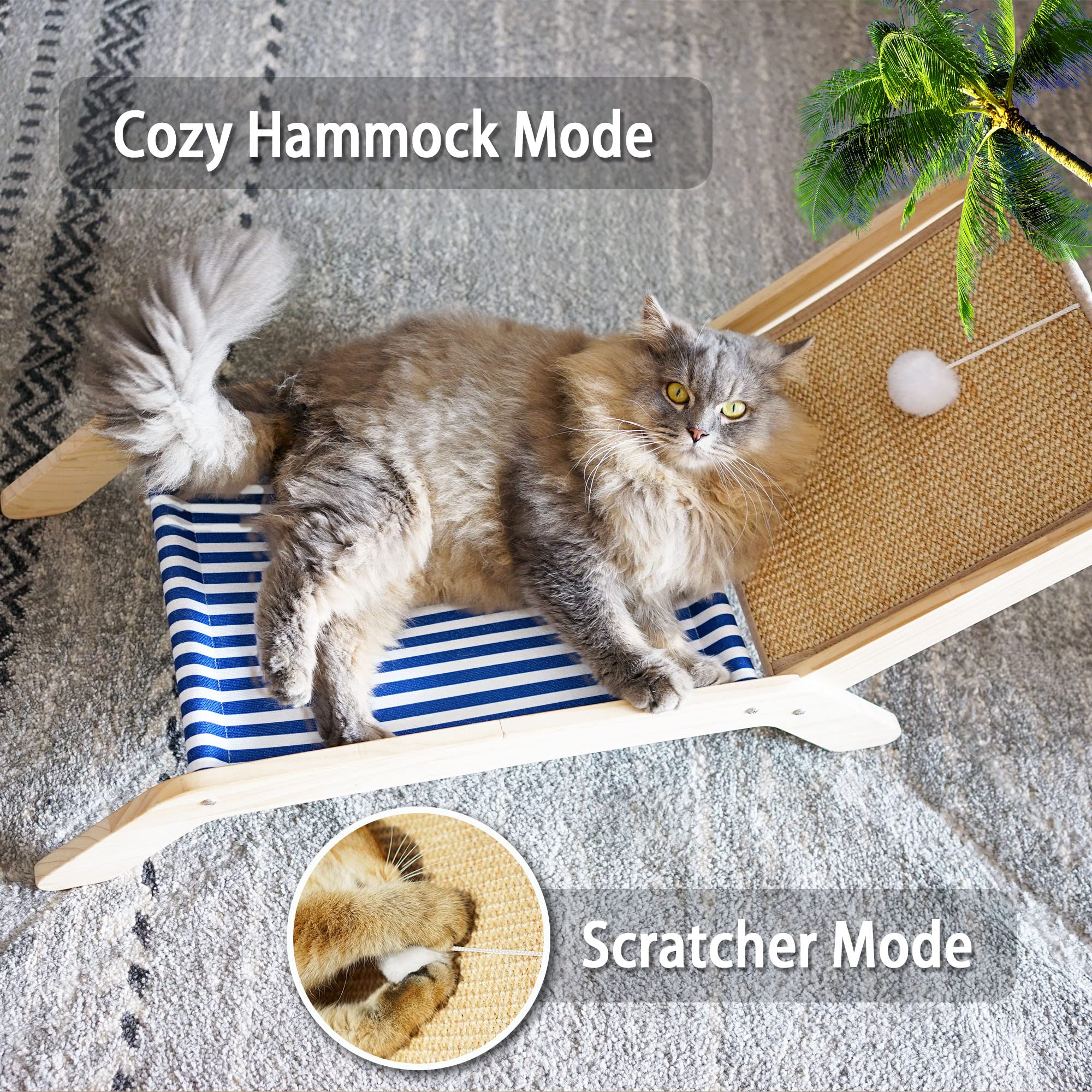 Petkaray Cat Hammock With Coconut Palm Tree Scratching Post, Cozy Beach Chair Elevated Cat Beds, Original Cat Lounger For Indoor Cats