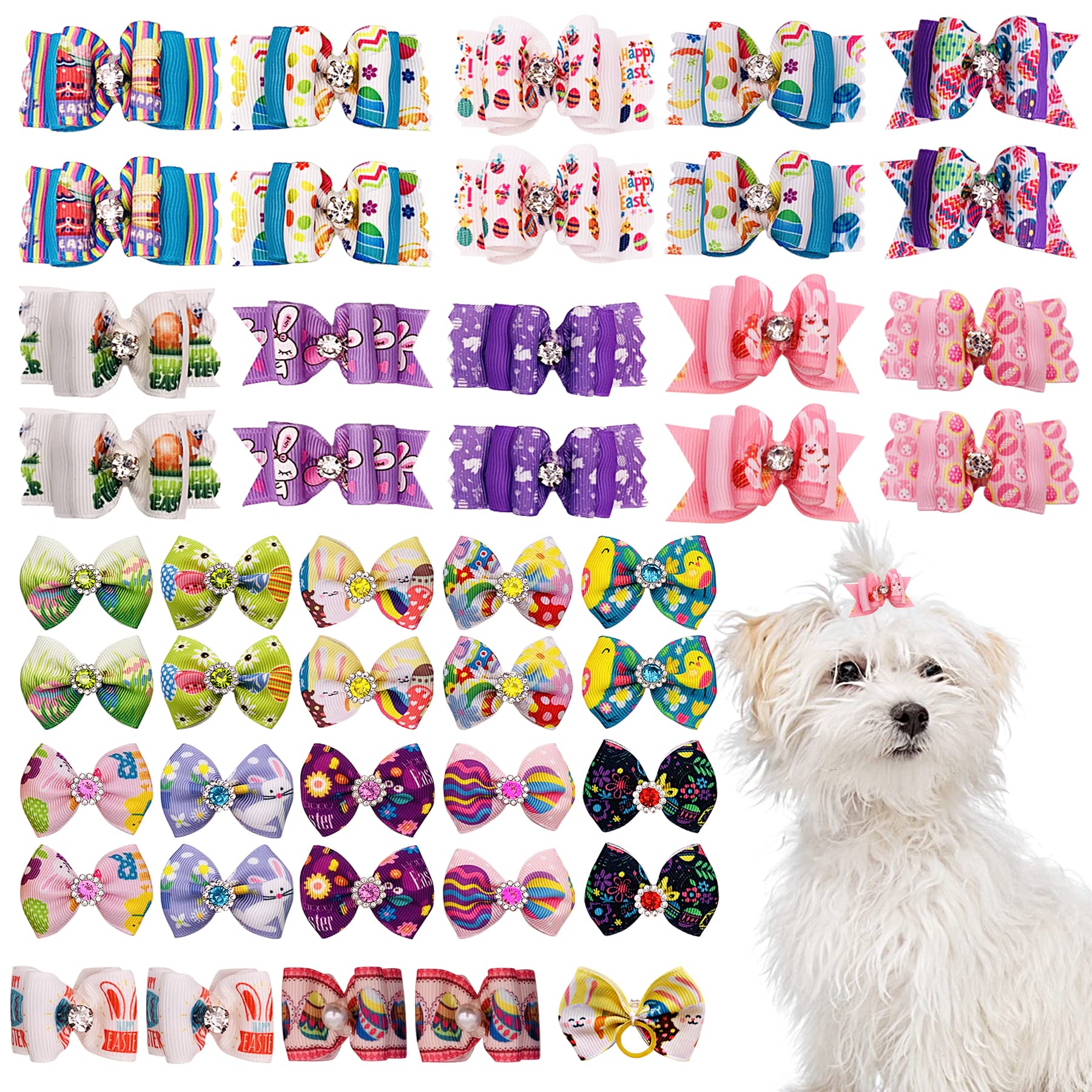 Pet Show 20Pcs Easter Small Dog Hair Bows With Rubber Bands For Medium Dogs Bunny Rabbits Puppies Cats Kittens Rabbits Yorkie To