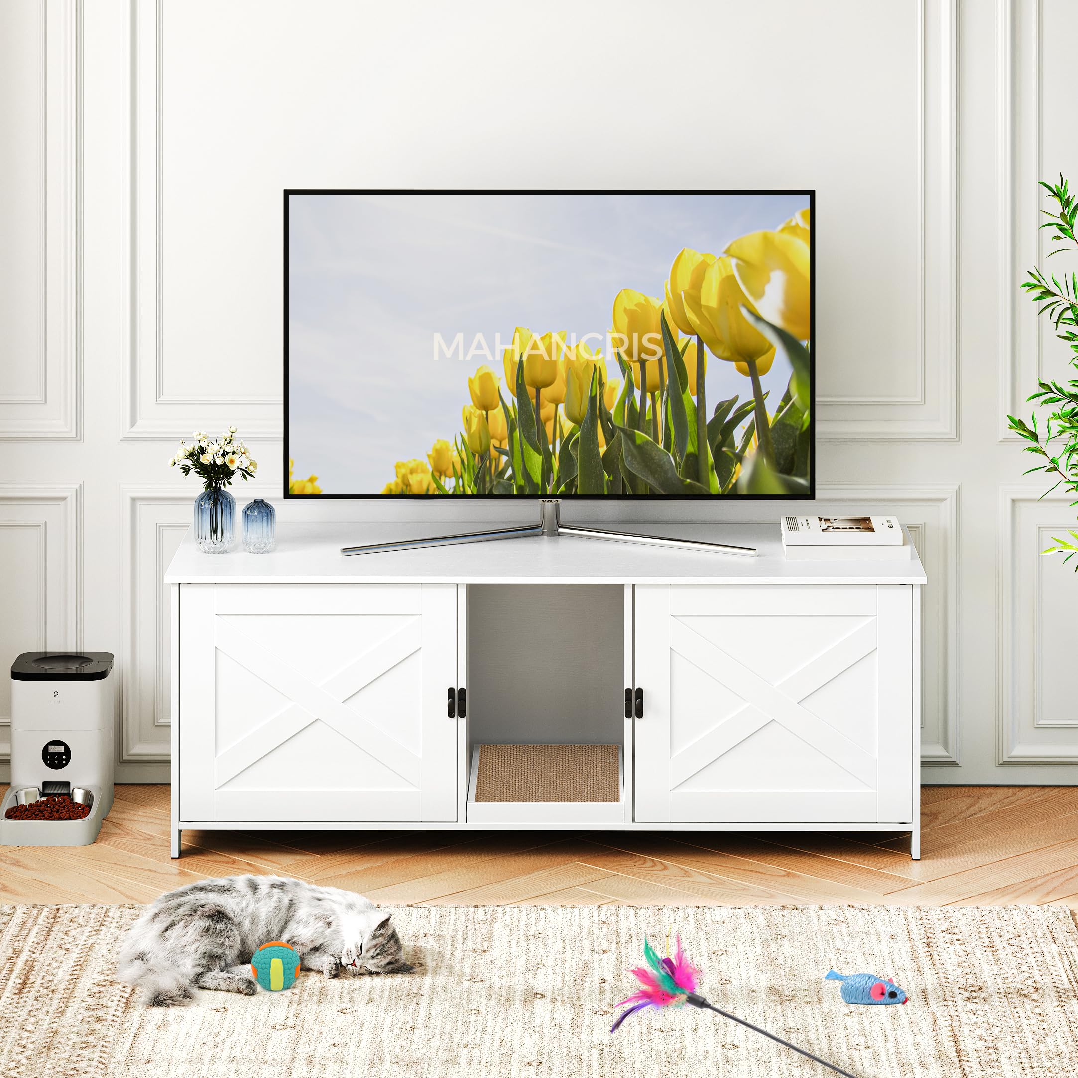 Mahancris Litter Box Enclosure For 2 Cats, 47.2'' Hidden Cat Furniture With Double Room, Wooden Washroom With Scratching Board,