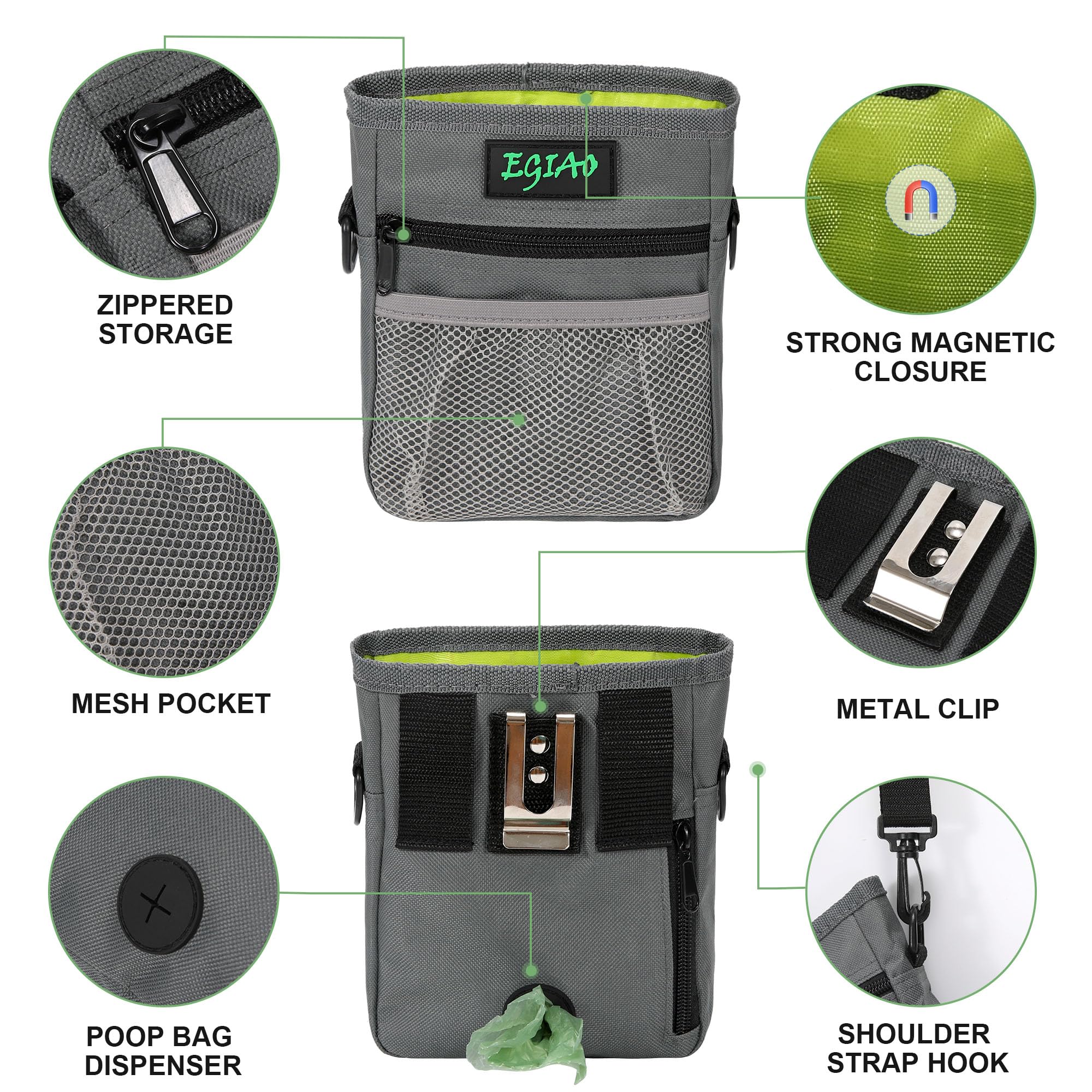 Egiao Dog Treat Pouch 2.0, Strong Magnetic Closure, Poop Bag Dispenser (Including Collapsible Dog Bowl, Training Clicker, Poop B