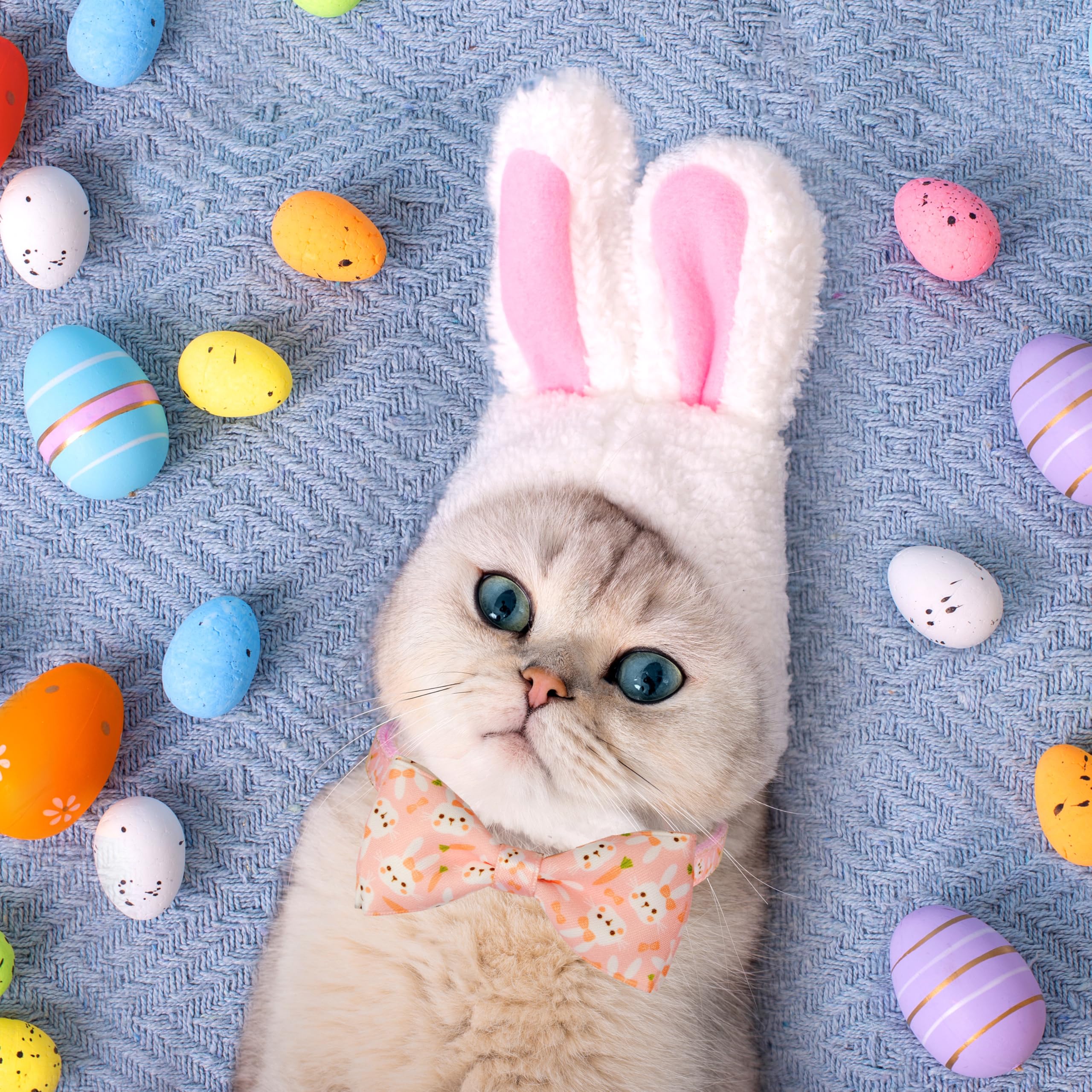 2 Pack Cat Collar With Bowtie And Charms Adjustable Breakaway Safety Design, Bunny And Pastel Egg Patterns, Soft Comfortable Nyl