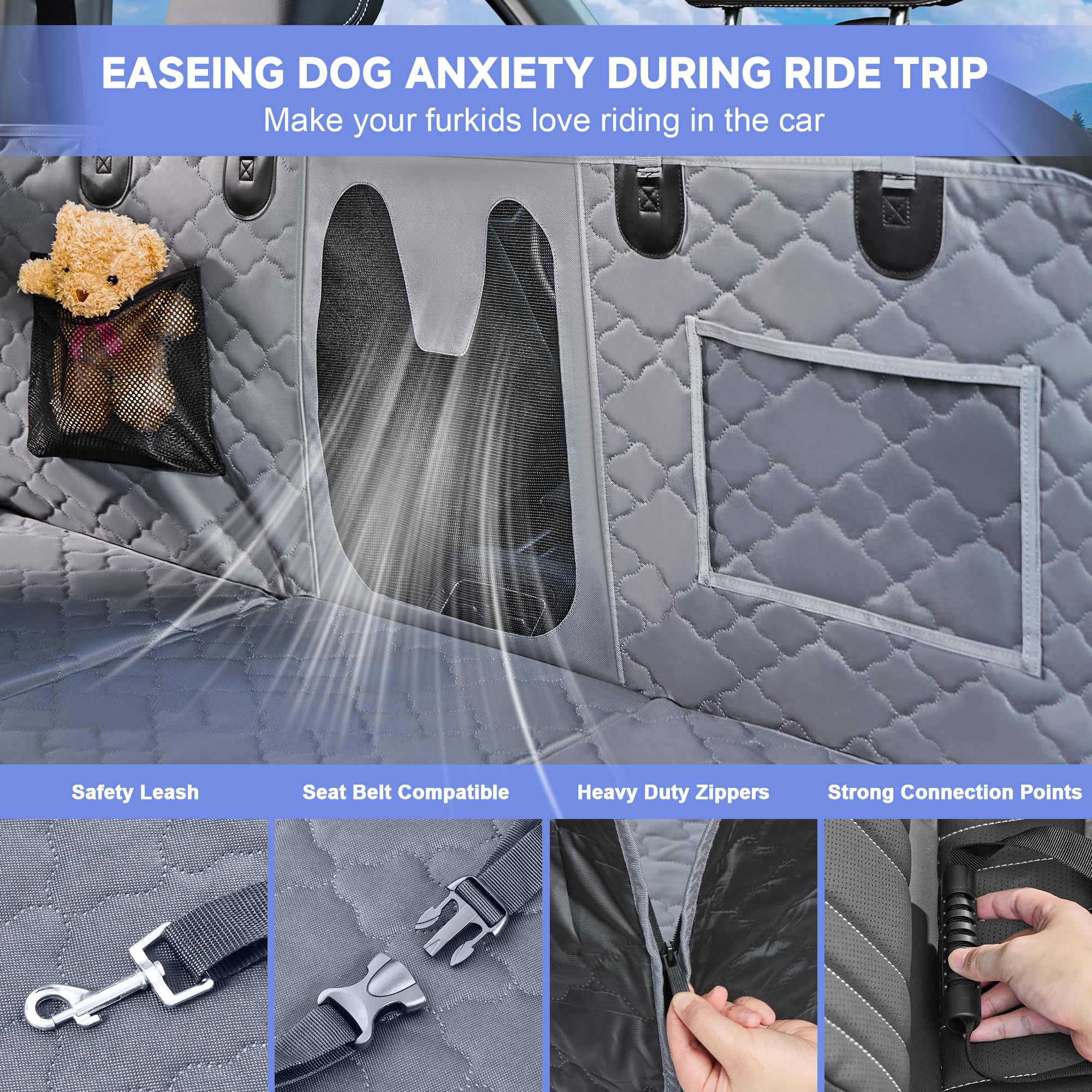 Spacocld Dog Car Seat Cover For Back Seat - Extender With Hard Bottom Holds 400 Lbs, Waterproof Protector With Mesh Window, Hamm