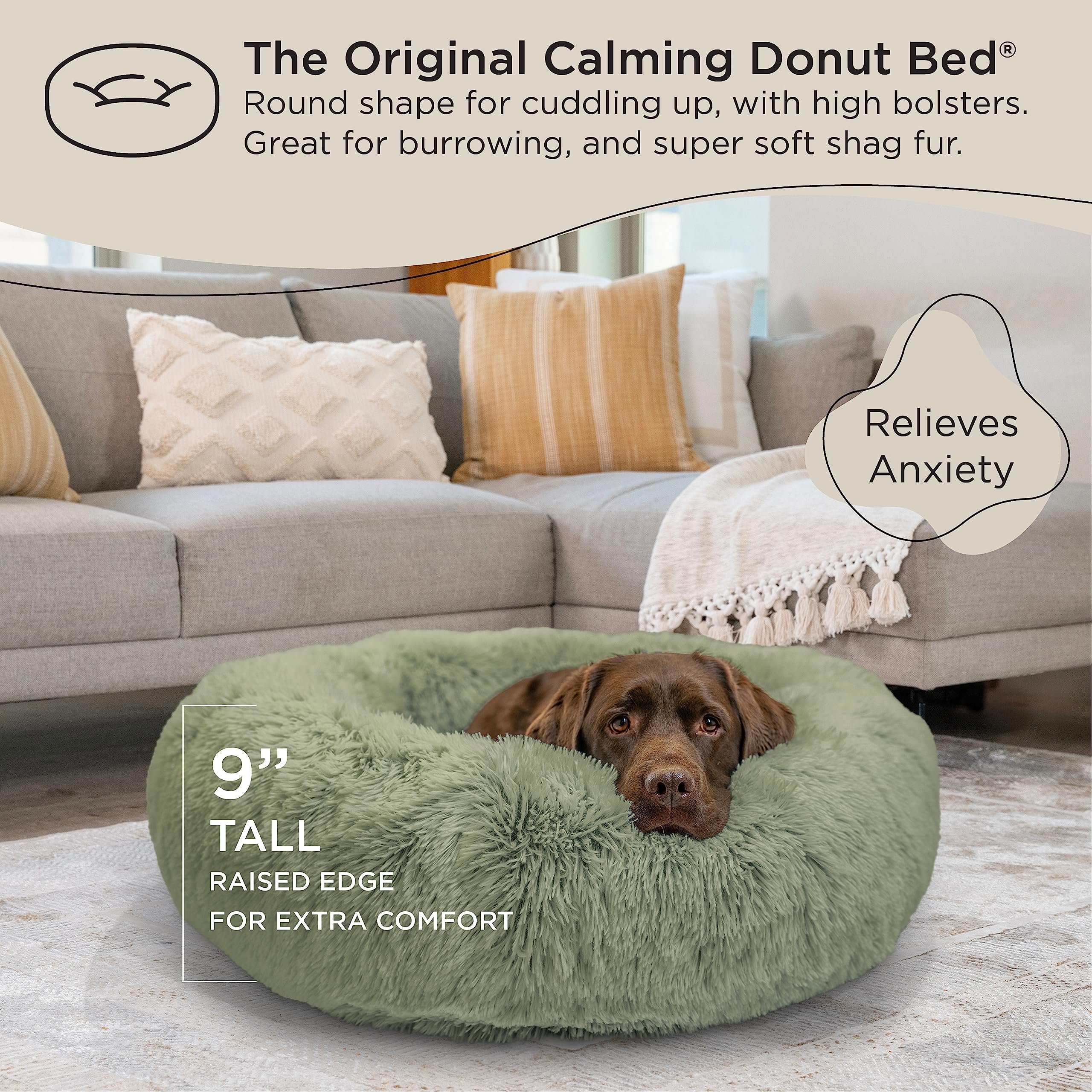 Best Friends By Sheri The Original Calming Donut Dog And Cat Bed In Shag Fur, Sage Green, Large, 36X36