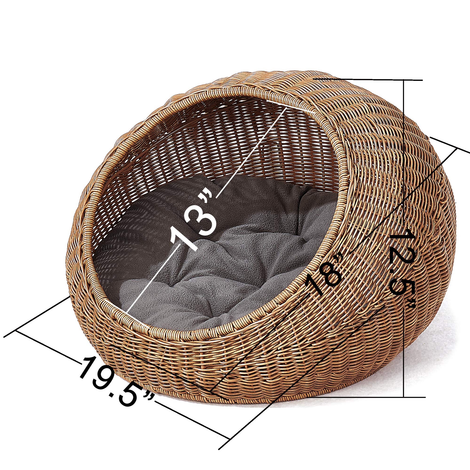D+Garden Wicker Cat Bed Dome For Medium Indoor Cats - A Covered Cat Hideaway Hut Of Faux Rattan Houses Pets In Dome Basket, Wash
