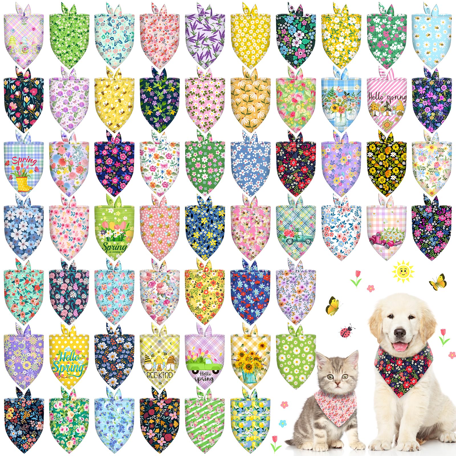 60 Pcs Spring Summer Dog Bandanas Bulk Adjustable Floral Puppy Scarves Pet Bandana Washable Flower Puppy Grooming Bandana For Mo