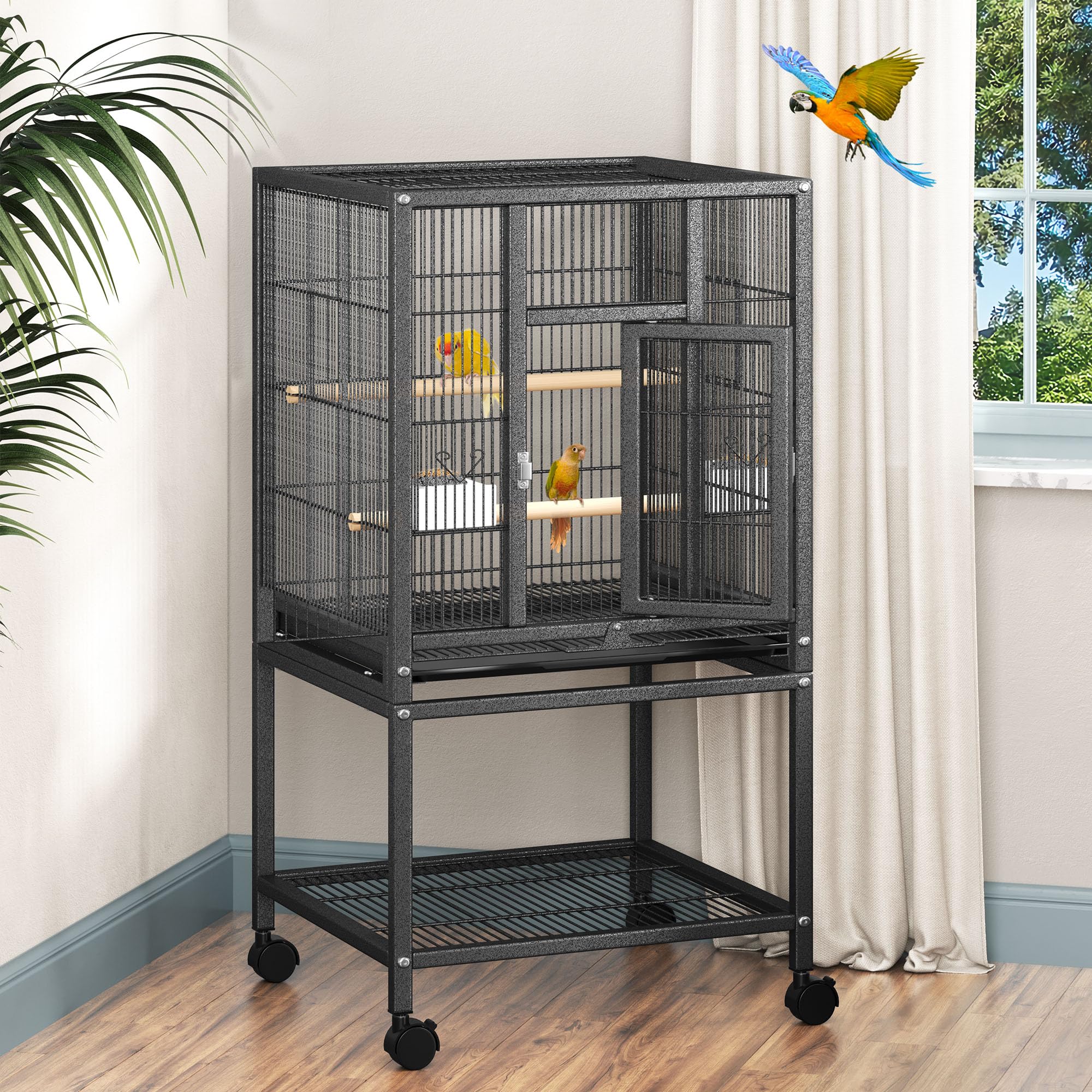 DWVO 41-inch Metal Bird Cage: Large Parrot Cages with Rolling Stand - Features Tray, Food Boxes & Wooden Perches for Parakeets, 