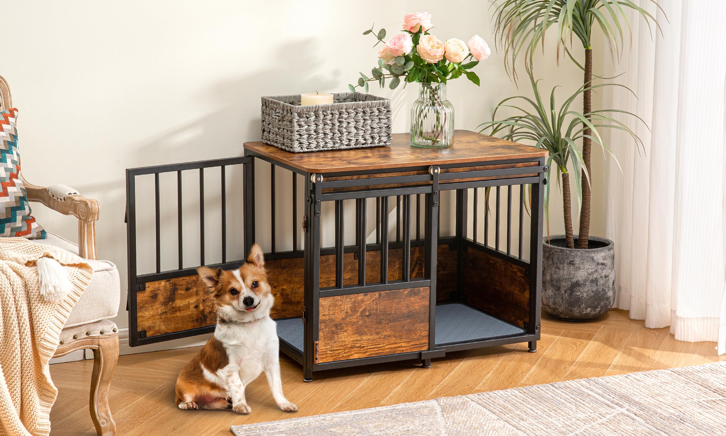 KOOPRO 32" Wooden Dog Crate Furniture, Heavy Duty Indoor Kennel, Rustic Brown, Double Doors, Model KO230501-000S-01