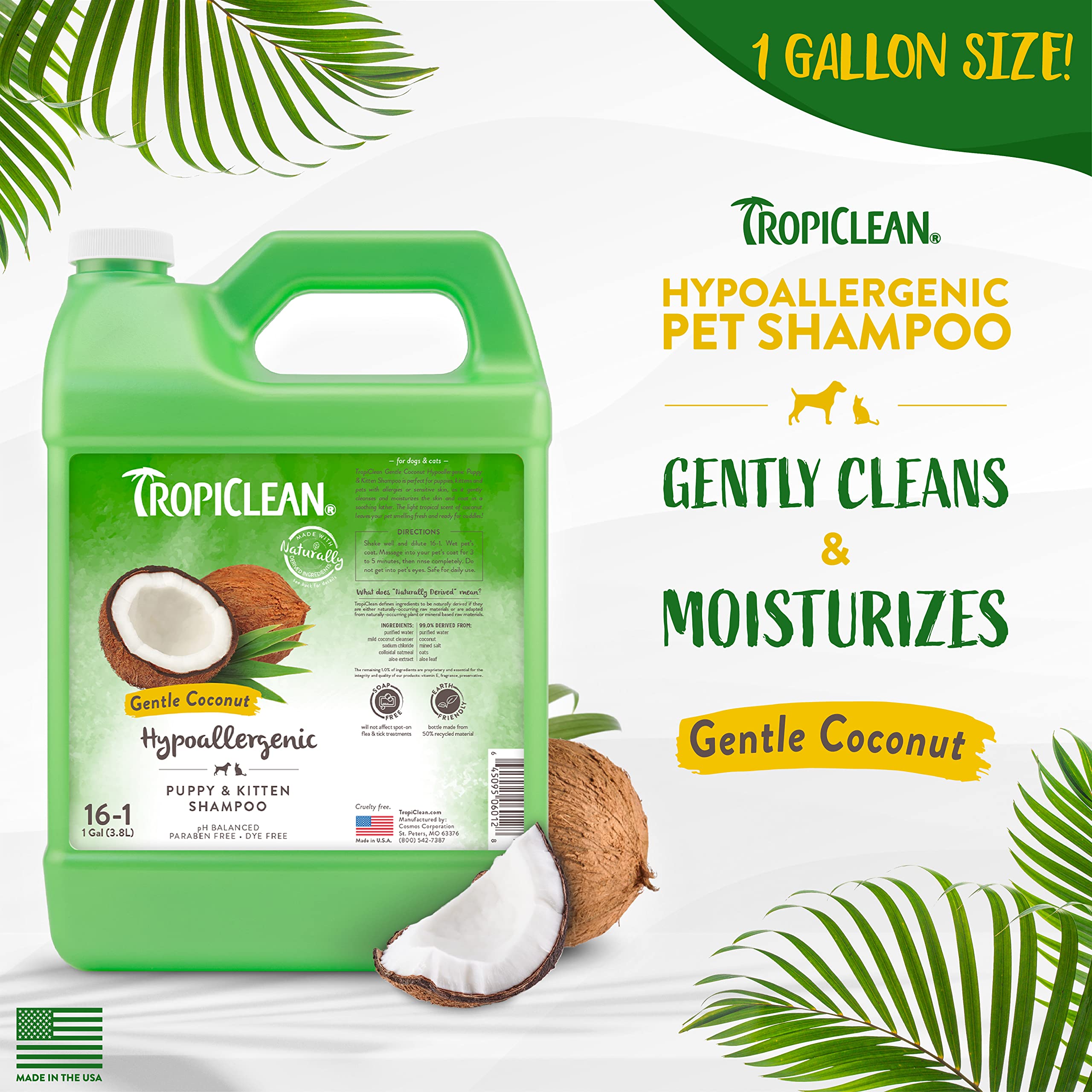 TropiClean Coconut Hypoallergenic Dog Shampoo - Gentle Puppy Shampoo, 1 Gallon, Kitten Friendly, Natural Ingredients, Made in the USA