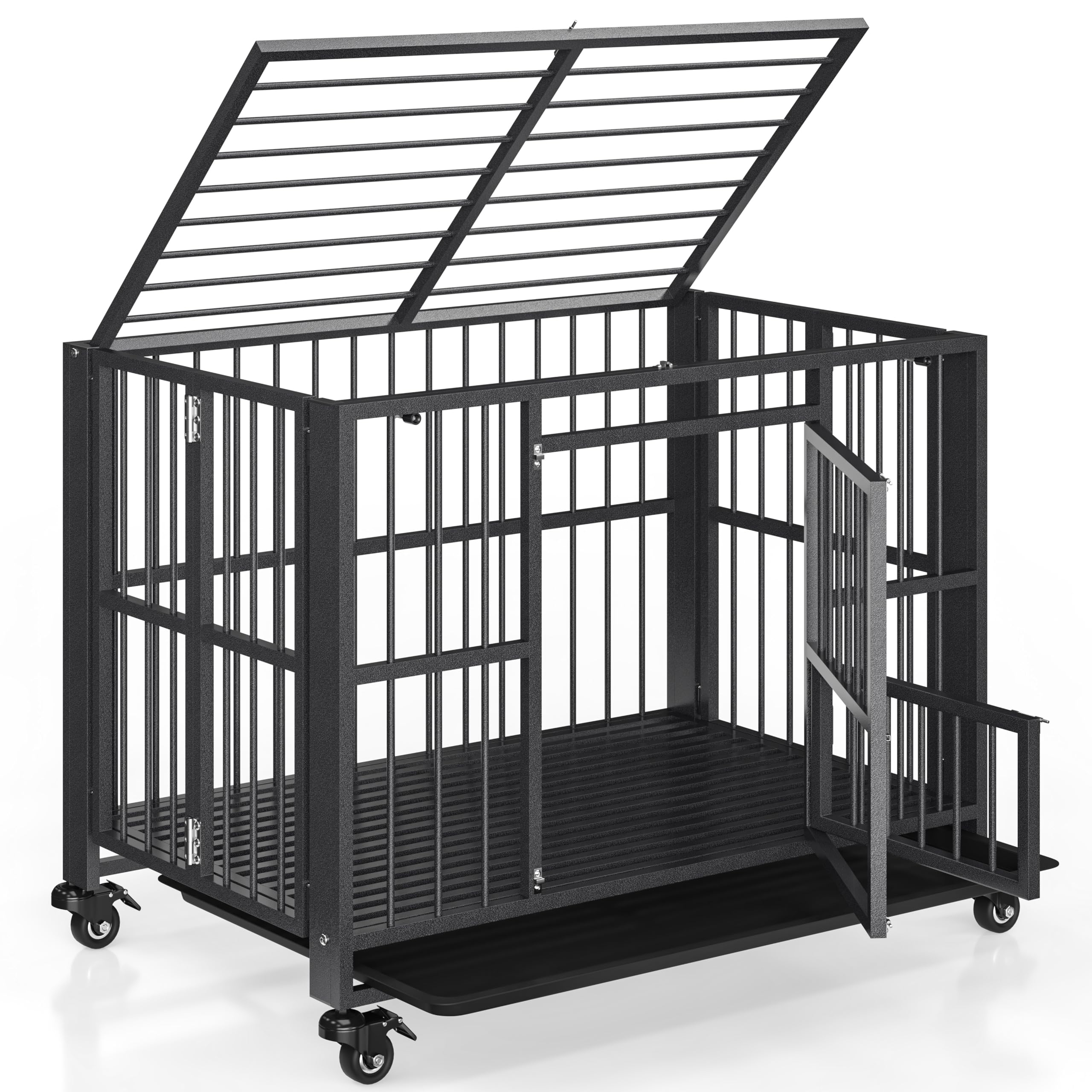 Polar Aurora Heavy Duty Dog Crate, Foldable Indestructible Dog Kennel, Escape Proof Extra Large Dog Cage With Lockable Wheels, H