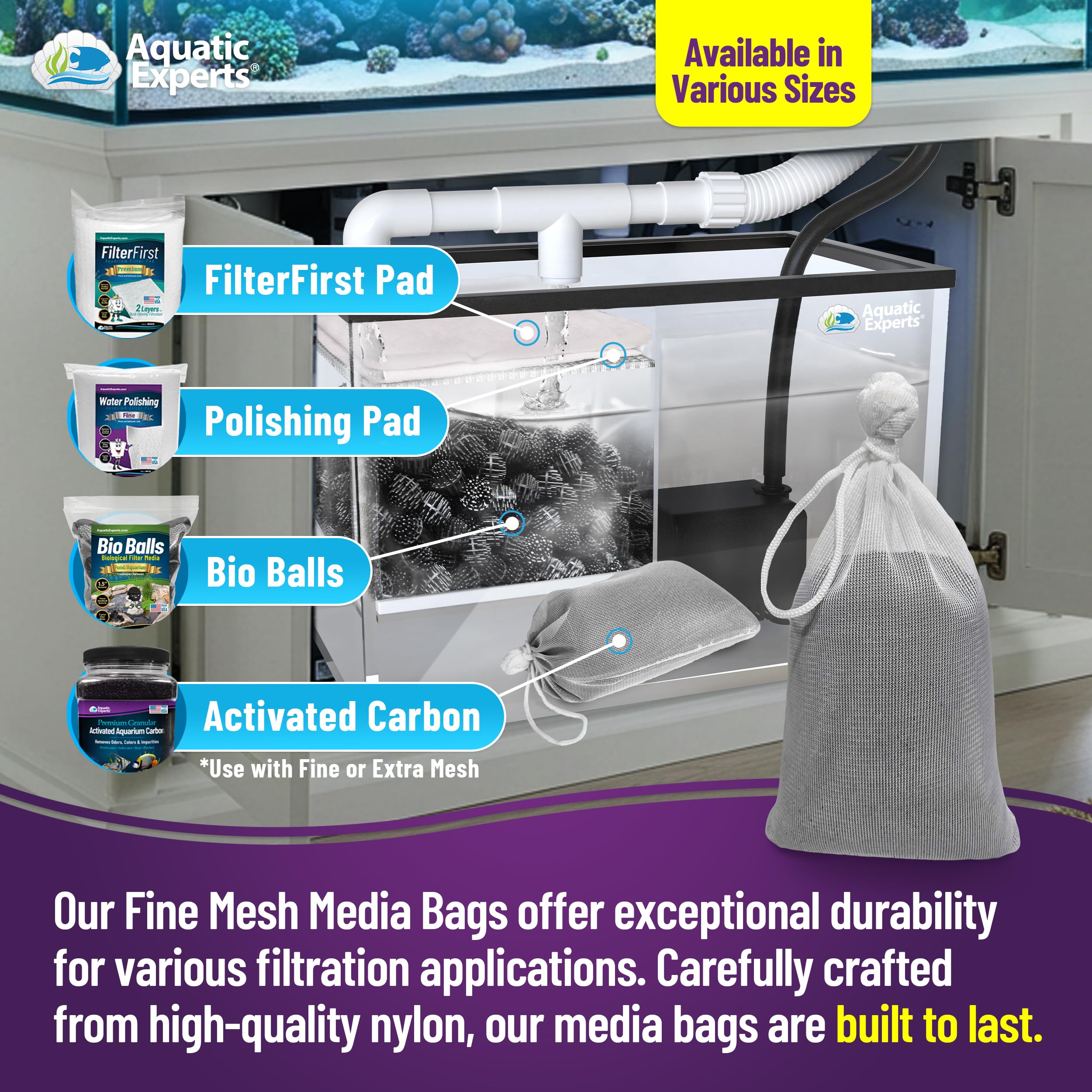 Aquatic Experts Fine Aquarium Media Bag, Durable Drawstring Bags For Fish Tank Filters, 450 Micron Mesh, (Fine, 5'' X 9'' - 4 Pa