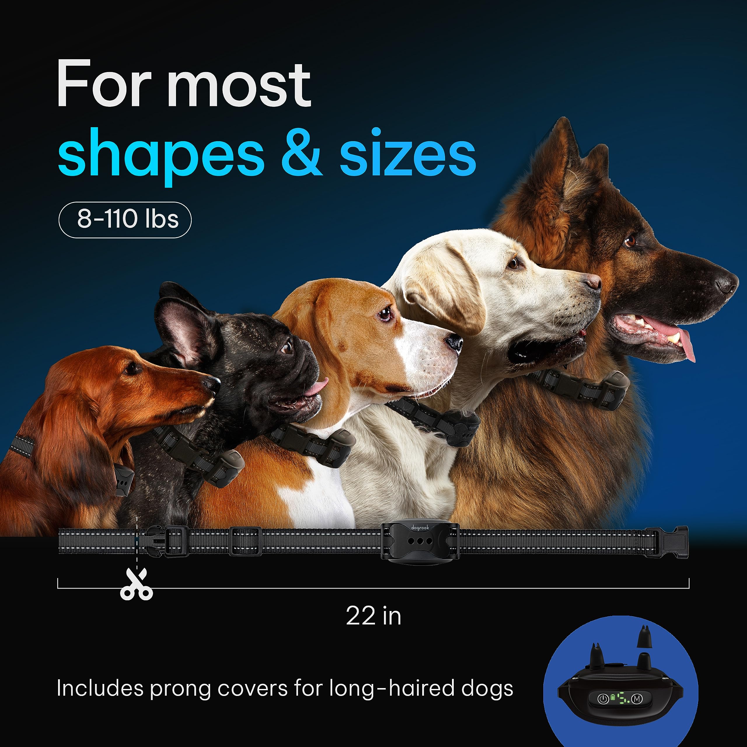 DogRook Rechargeable No Shock Dog Bark Collar - Beep & Vibration Training for Large, Medium & Small Dogs - 12-110 lbs, Black