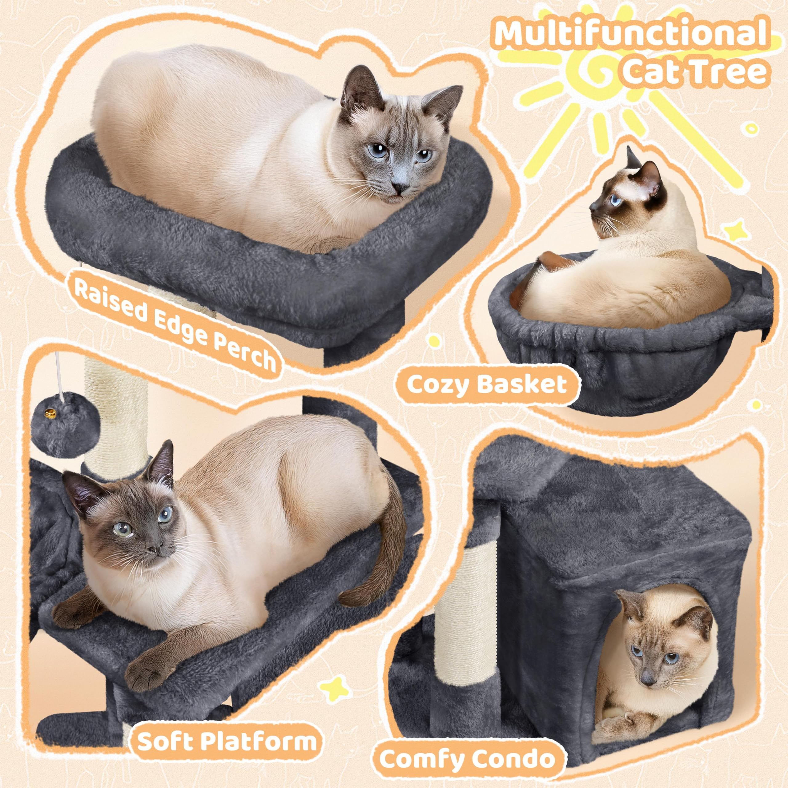 Yaheetech Cat Tree, Plush Covered Cat Tower For Indoor Cats, Cute Cat Condo With Scratching Post & Pad, 34.5In Multi-Level Cat Furniture Activity Center Cat Bed W/Dangling Ball & Platform For Kittens