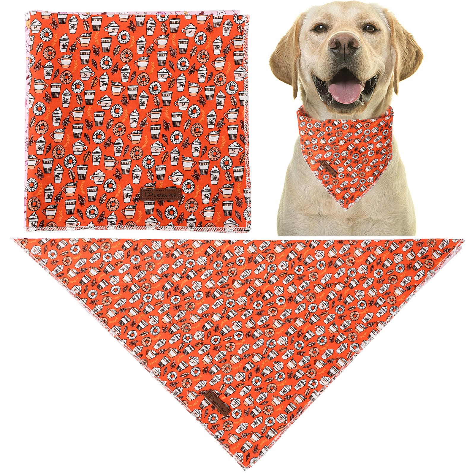 Up Urara Pup Fall Dog Bandana, Autumn Triangle Bid Scarf With Cup,Doughnut Pattern, Cotton Pet Kerchief For Girl Boy Dogs Or Cat
