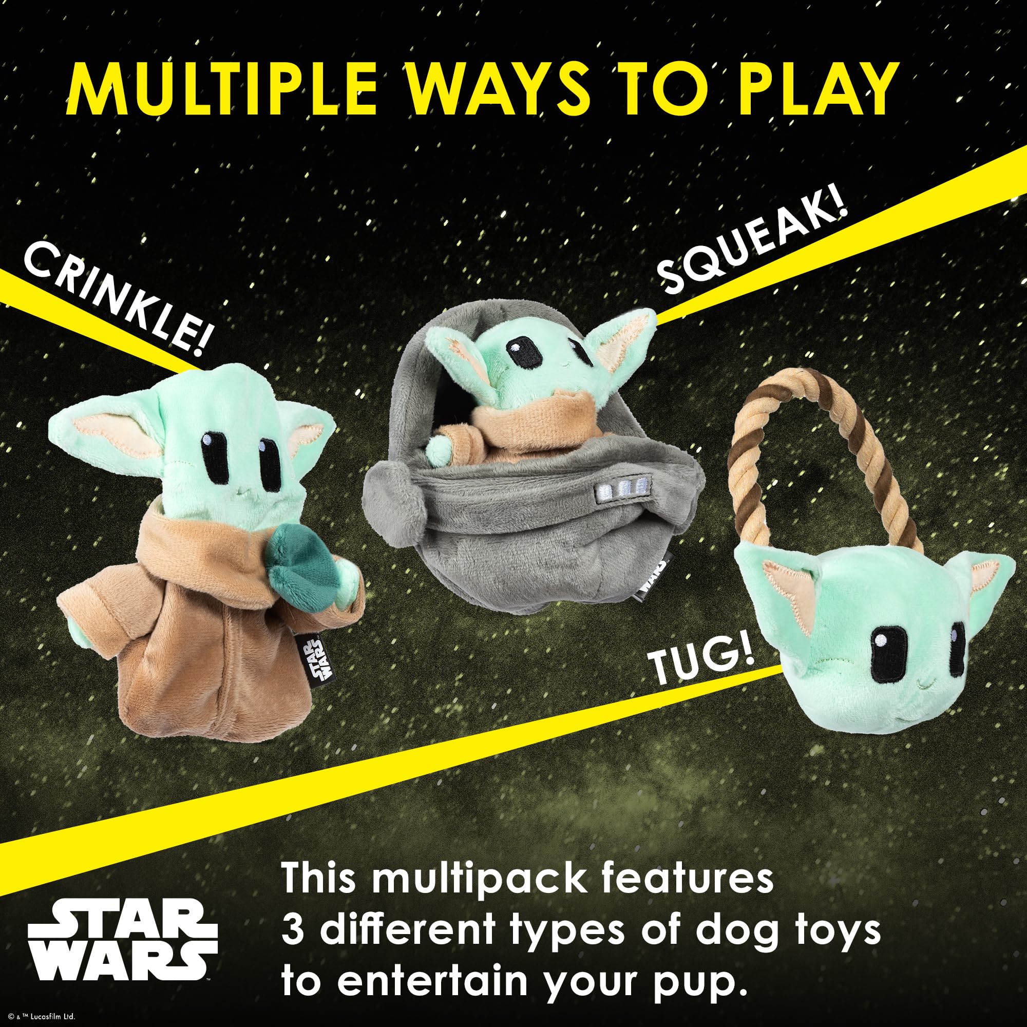 Star Wars For Pets Grogu 3 Piece Collection - Cradle Plush, Flattie, And Rope Ring Dog Toys - Fabric Squeaky Plushes For All Dog