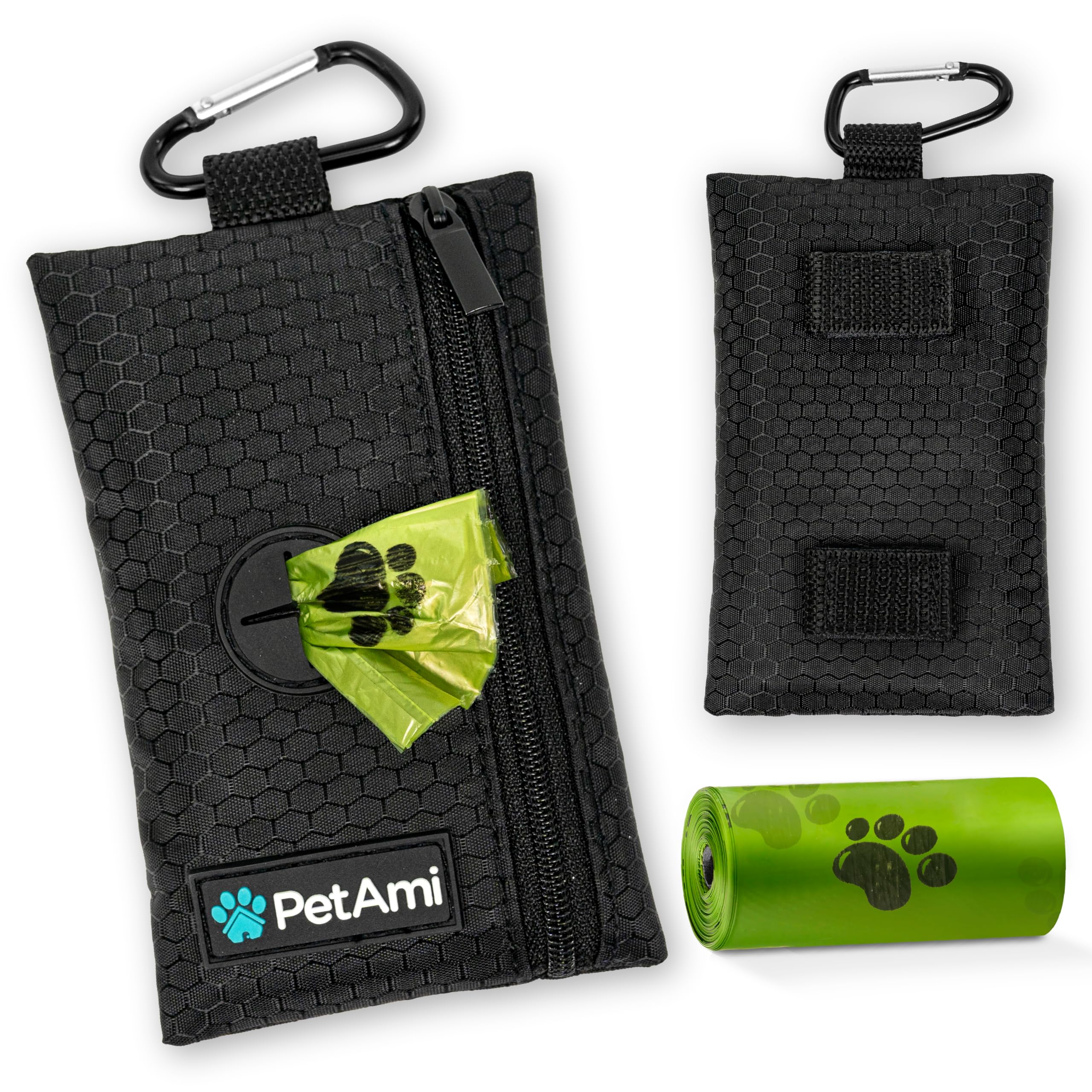 Petami Dog Poop Bag Holder For Leash, Dog Poop Bag Dispenser With Clip, Dog Waste Bag Holder For Pet, Dog Treat Pouch, Doggy Walking Camping Accessories With Trash Bag Roll, Black 1 Pack
