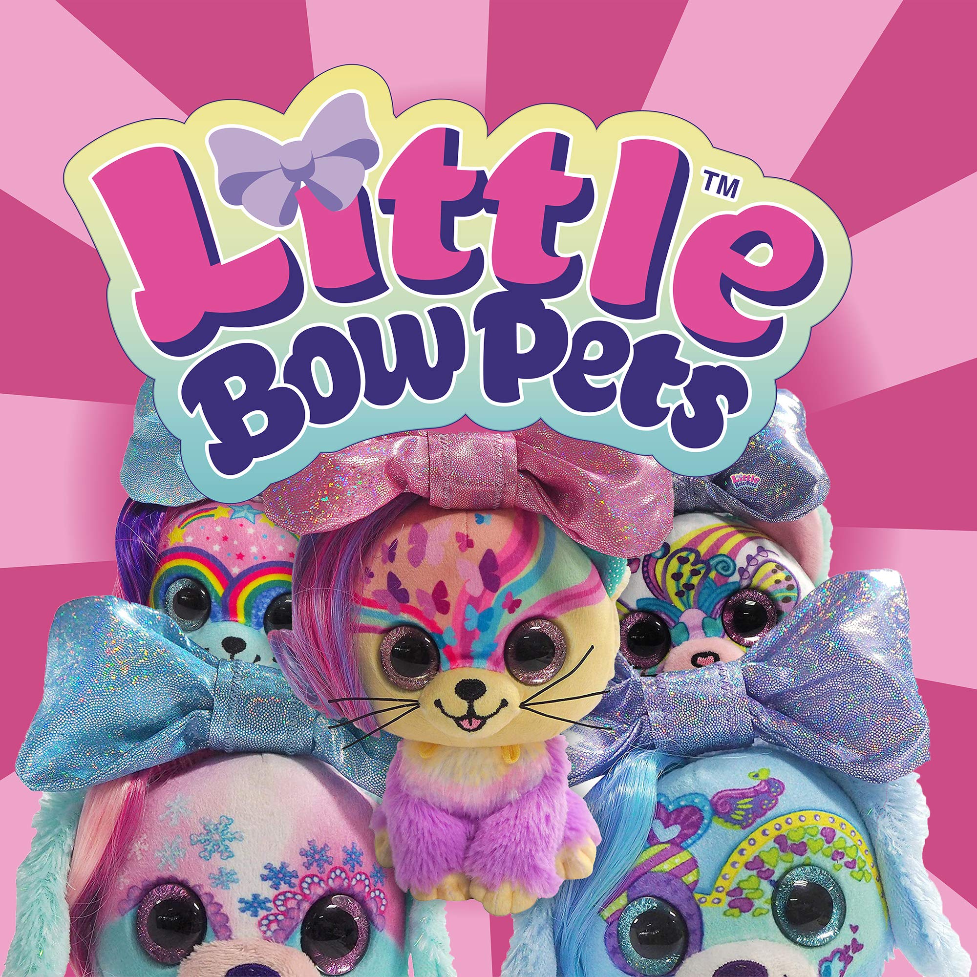 Little Bow Pets Stuffed Animals - Large Soft Fluffy Plush Blue Puppy Dog Heart Bow Pet With Purple Sparkle Surprise Bow - 2 Surprise Toys Inside Bow