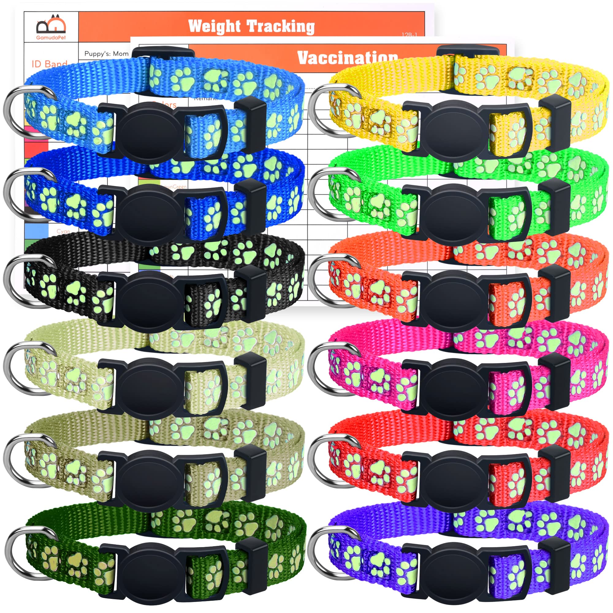 Gamuda 12Pcs Reflective Puppy Collars - Soft Nylon Whelping Id Collars Glow In The Dark, Adjustable Breakaway Litter With 2 Reco