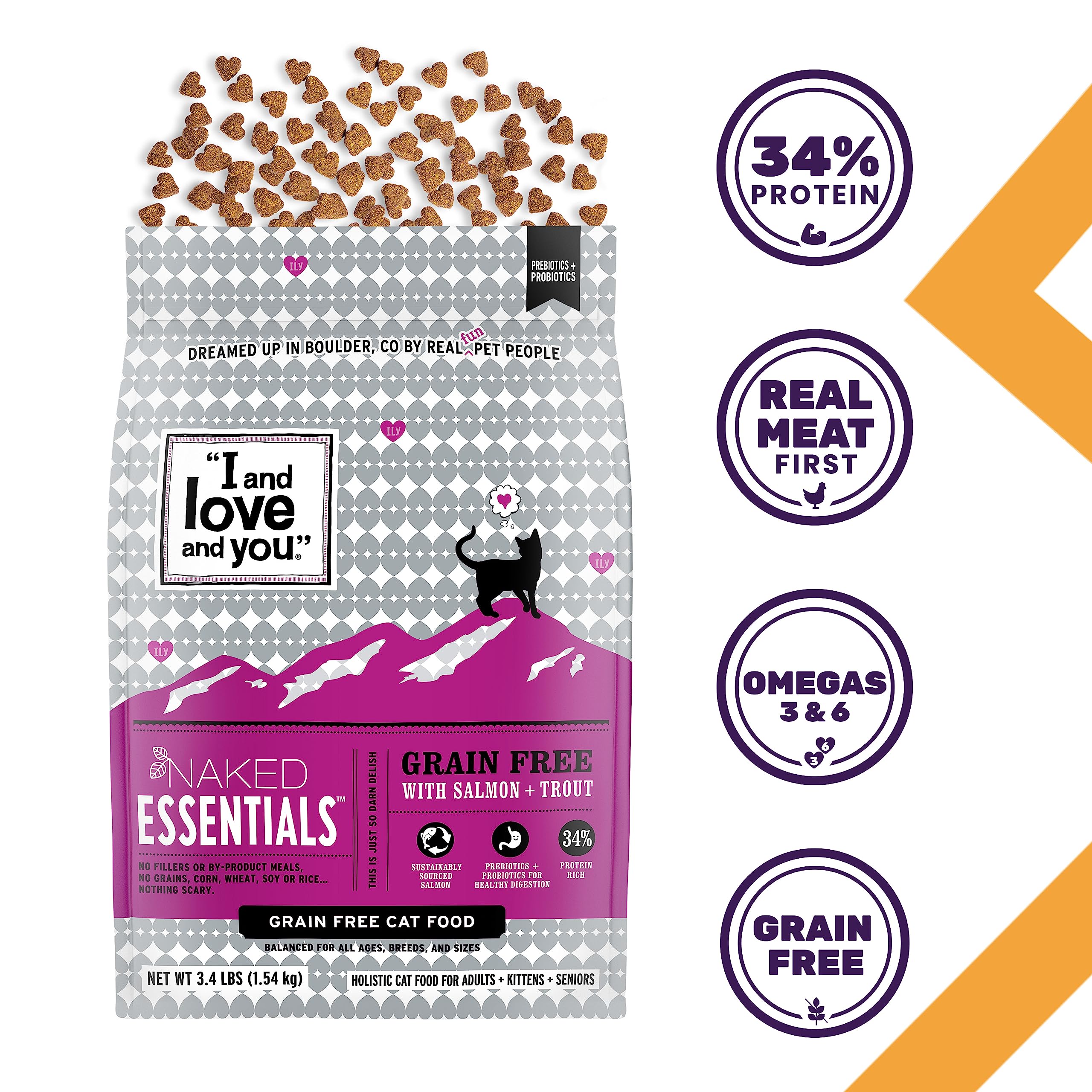 I and love and you Naked Essentials Dry Cat Food - Salmon + Trout - Grain Free, Real Meat, No Fillers, Prebiotics + Probiotics,