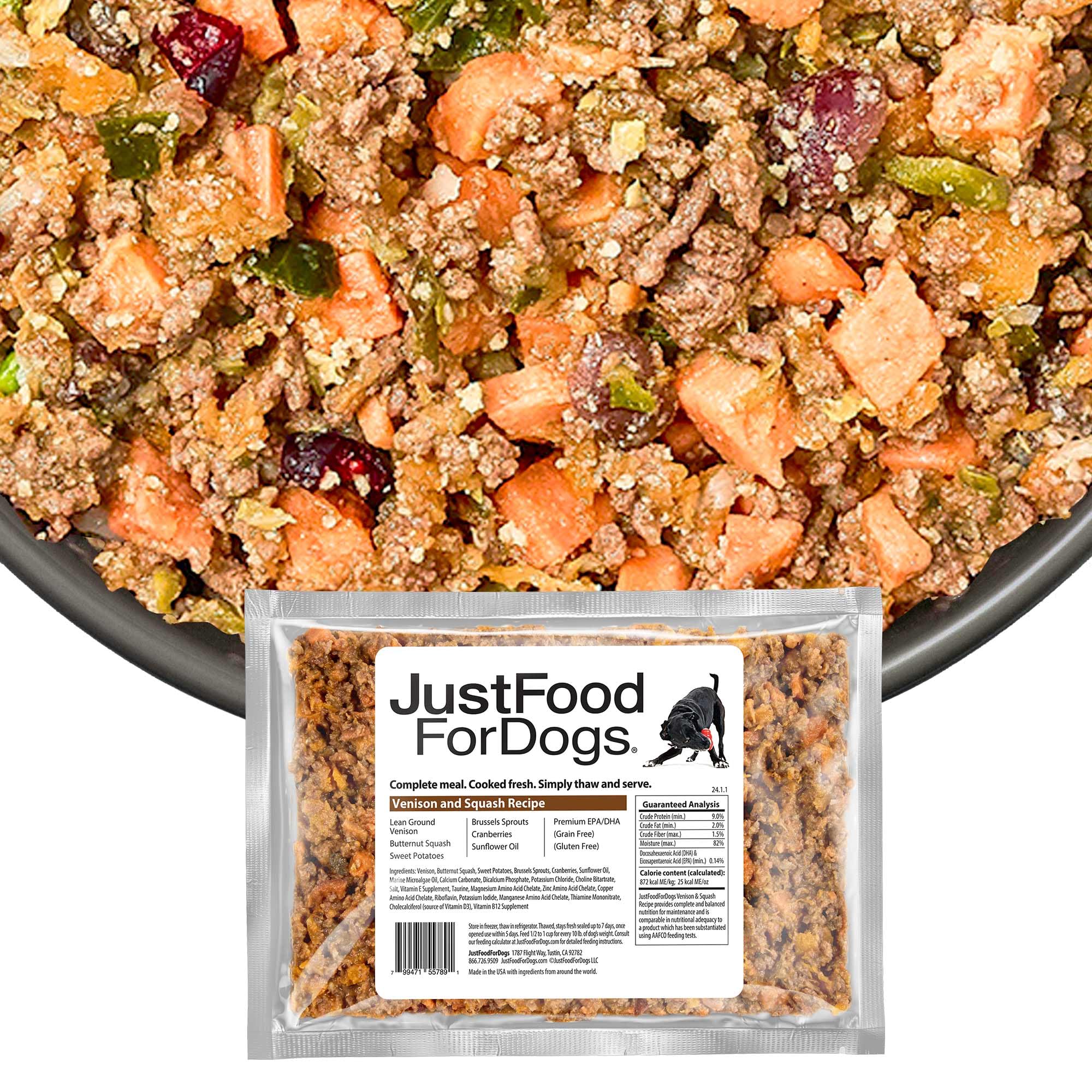 JustFoodForDogs Frozen Fresh Dog Food, Complete Meal or Dog Food Topper, Venison & Squash Human Grade Dog Food Recipe, 18 oz (Pa