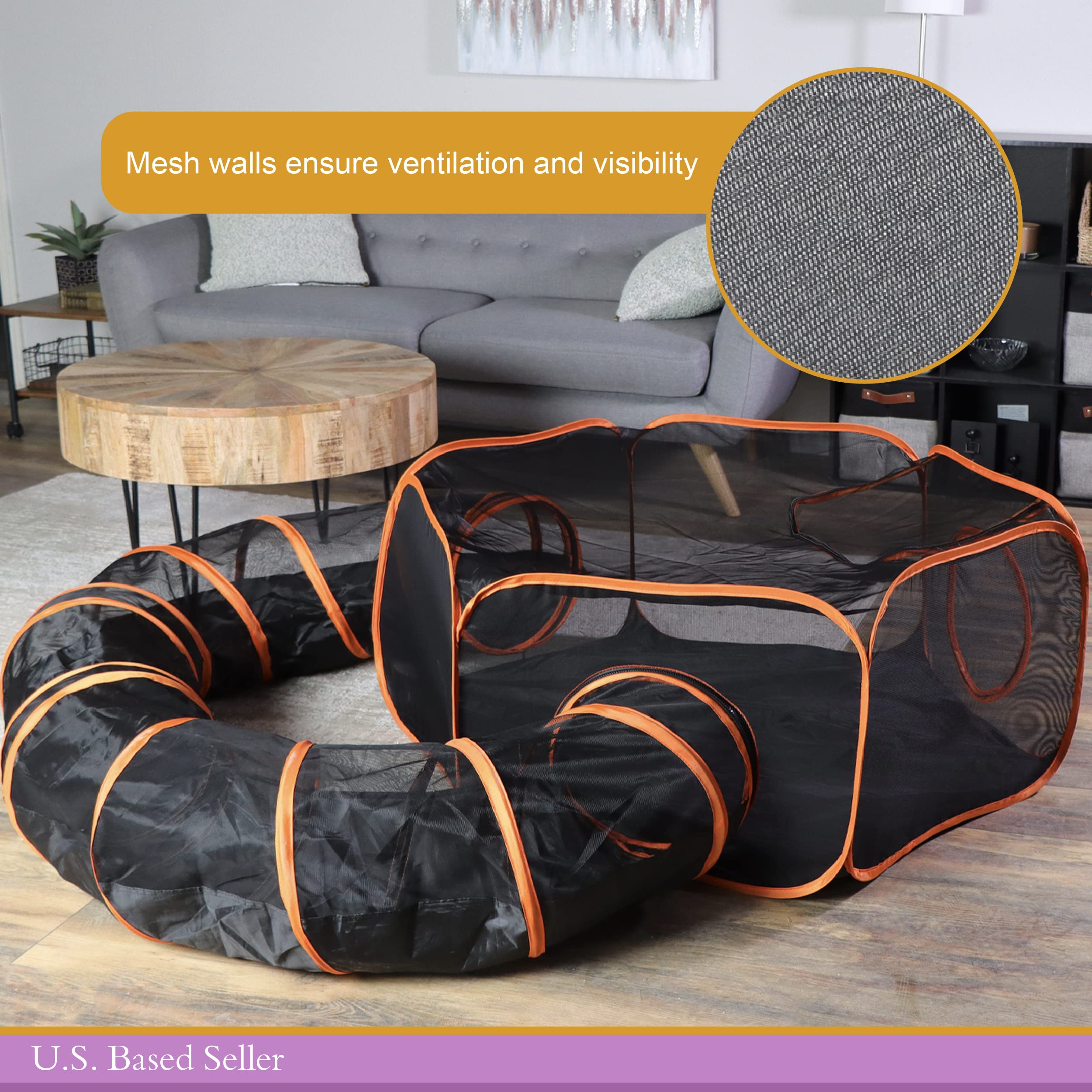 Mimu Dog Playpen Indoor Outdoor 4 Foot Cat Tent With Exercise Tunnel - Orange Pop Up Travel Playpen For Puppies, Kittens, Rabbit