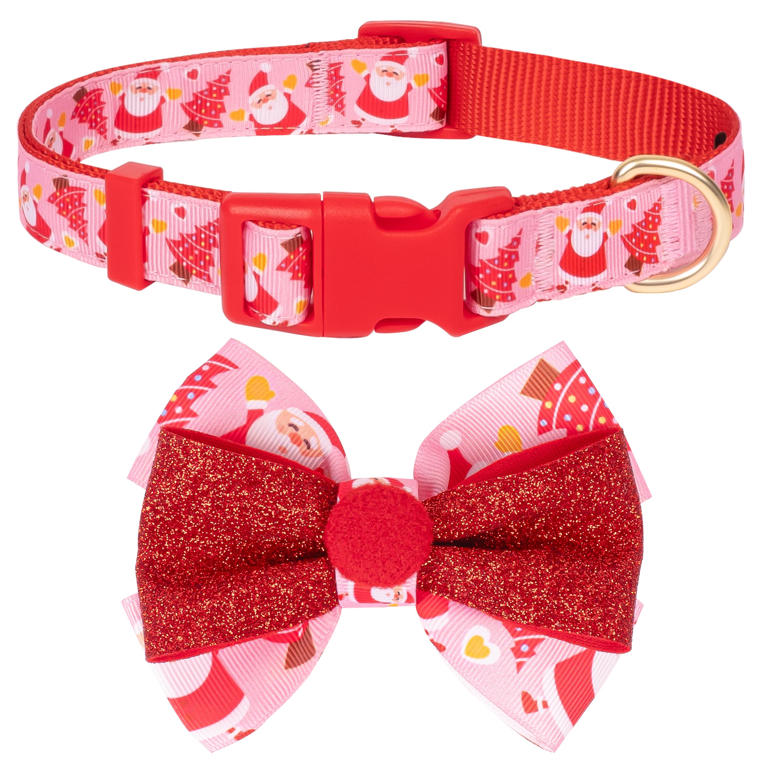 Azuza Christmas Dog Collar With Santa Print And Removable Red And Pink Bowtie, Adjustable Collar Accessories For Puppy And Small