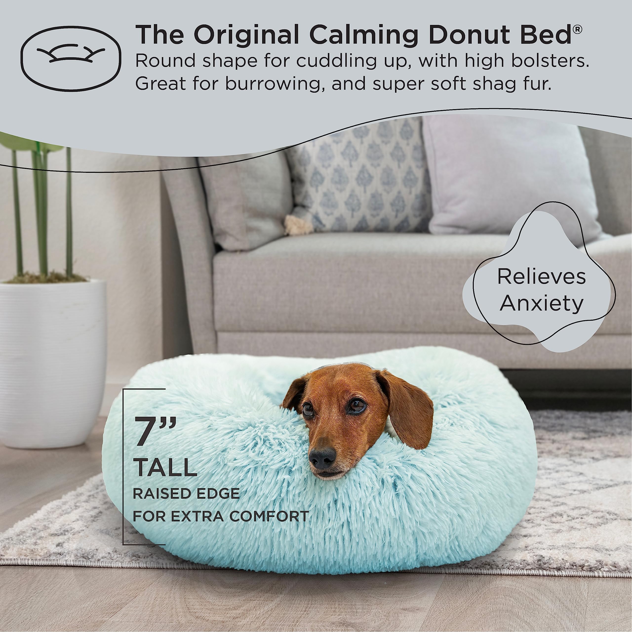 Best Friends By Sheri The Original Calming Donut Dog And Cat Bed In Shag Fur, Baby Blue, Small, 23X23
