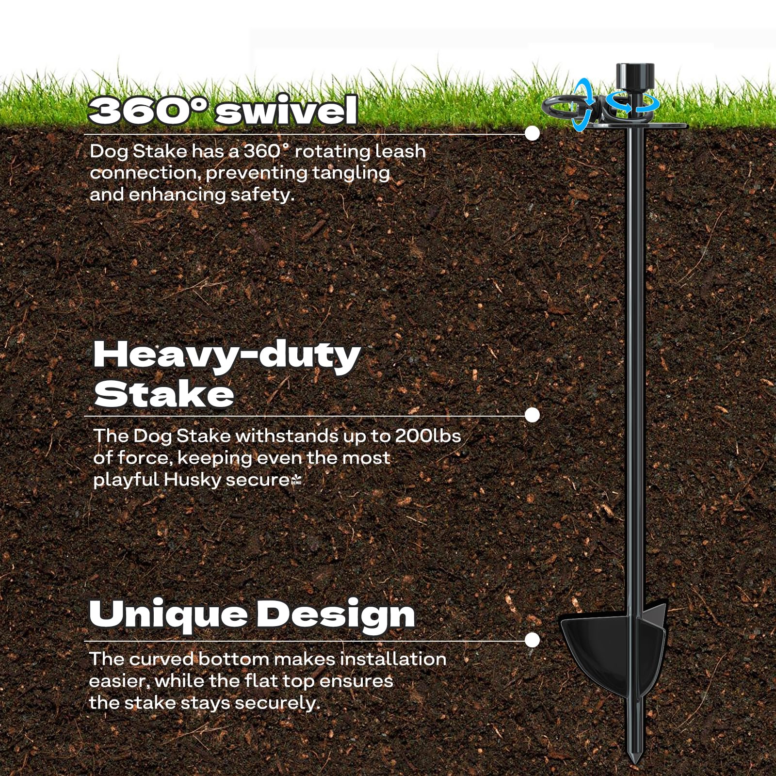 Supet Dog Tie Out Stake, 360 Swivel Heavy Duty Anchor for Backyard Beach Camping Outdoor, Easy Install for Large Dogs Up to 200L