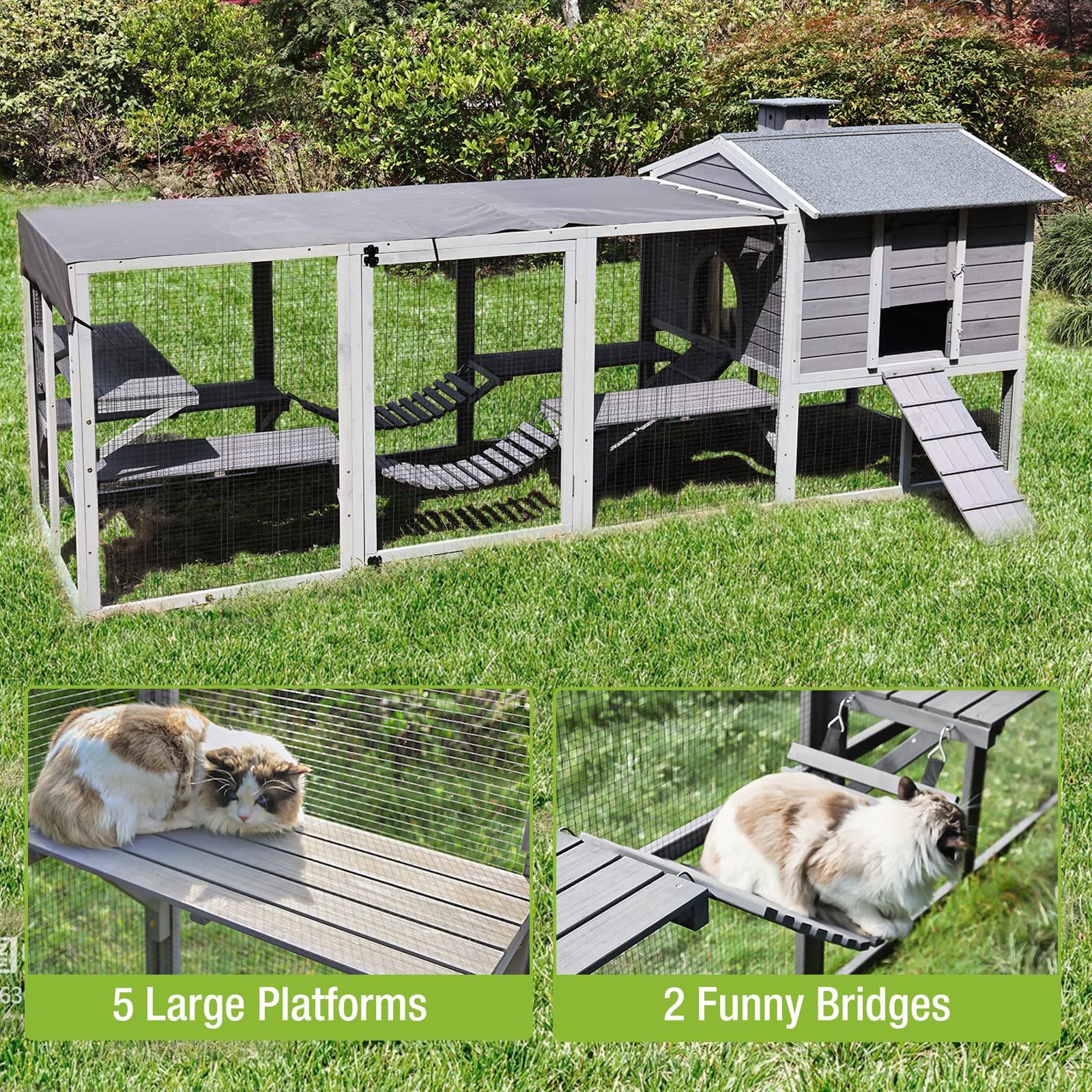Catio Cat House Outdoor 91'' Large Cat Enclosures For Cats Playpen With Platforms & Pvc Cover,2 Combination