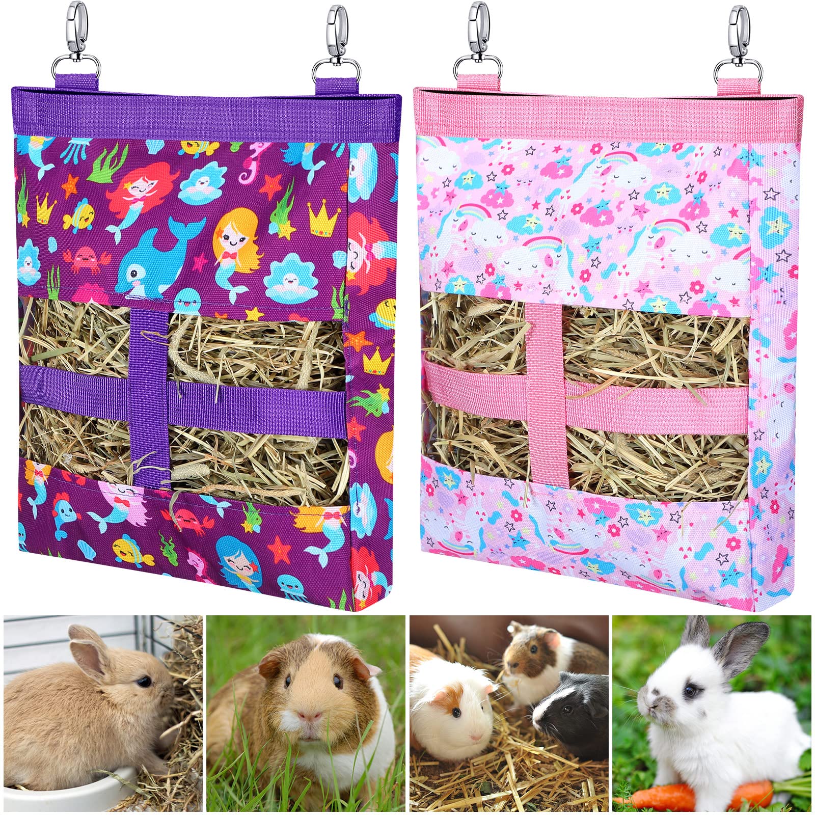 2 Pieces Guinea Pig Hay Bag Washable Pet Rabbit Hay Feeder Bag With 2 Holes Cute Small Animal Hanging Feeder Sack Storage For Ra